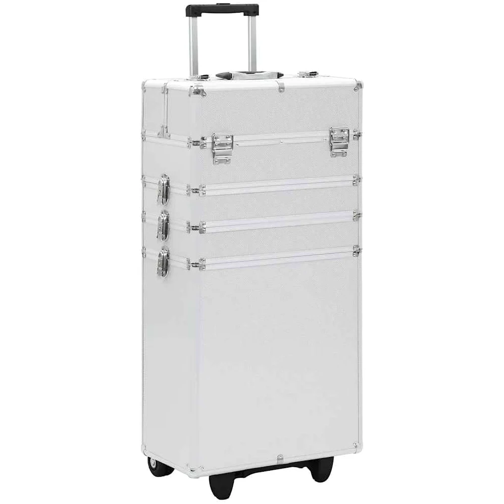 Valigetta cosmetica in alluminio argento con 4 ripiani estraibili, realizzata in legno, lamiera ABS e alluminio, con 4 ruote rimovibili per un facile trasporto., argento, 1.0, Minimalista