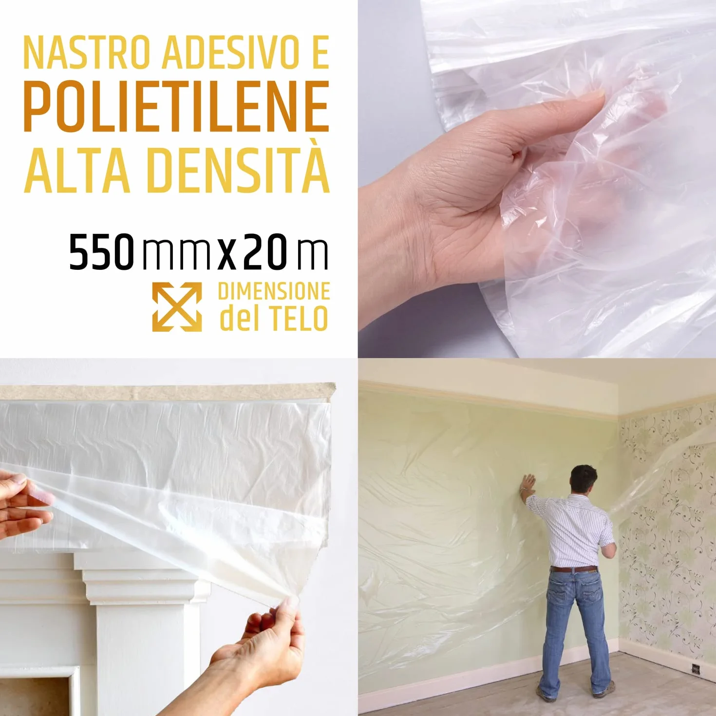 PENNELLIFICIO 2000 Rotolo Polietilene Nastro Adesivo Set Mascheratura Protezione Pareti 55 cm x 20 m Made in Italy