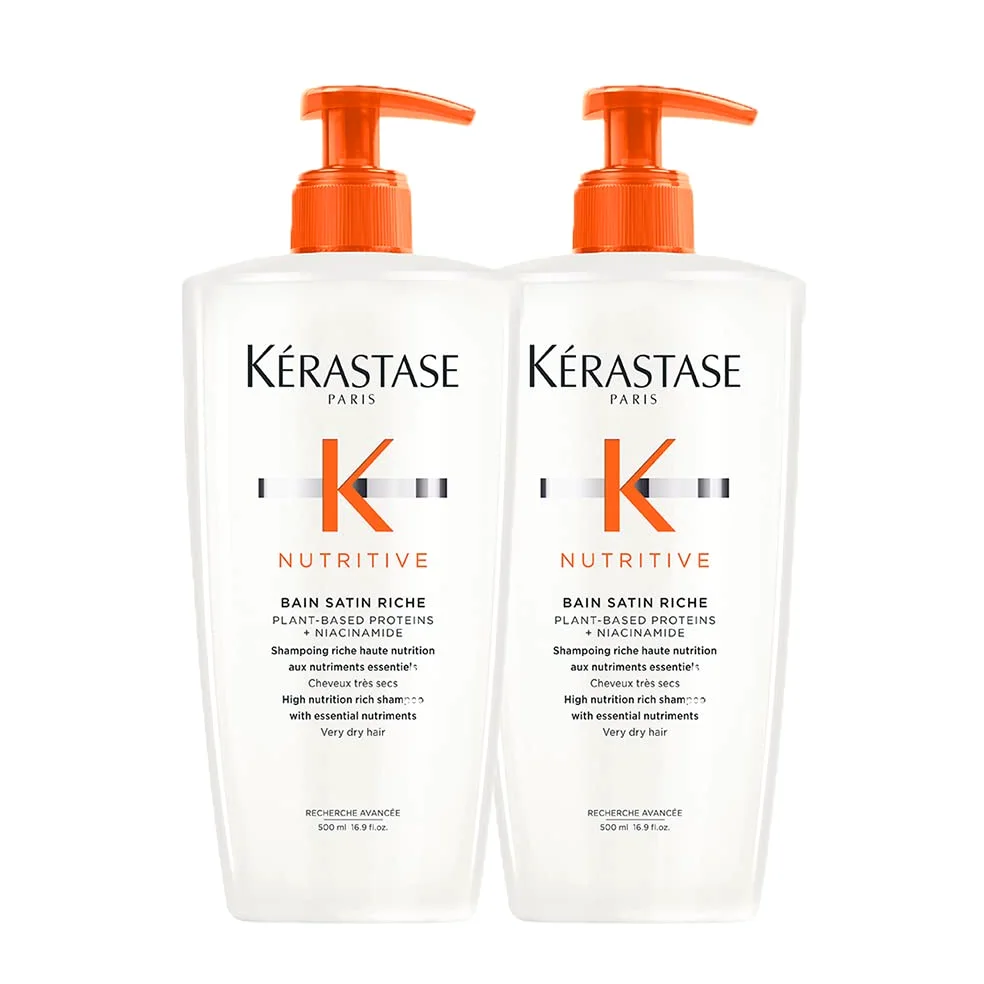 Kérastase Shampoo per capelli secchi a molto secchi, per una maggiore lucentezza e morbidezza, Bain Satin Riche, Nutritive 2 x 500 ml