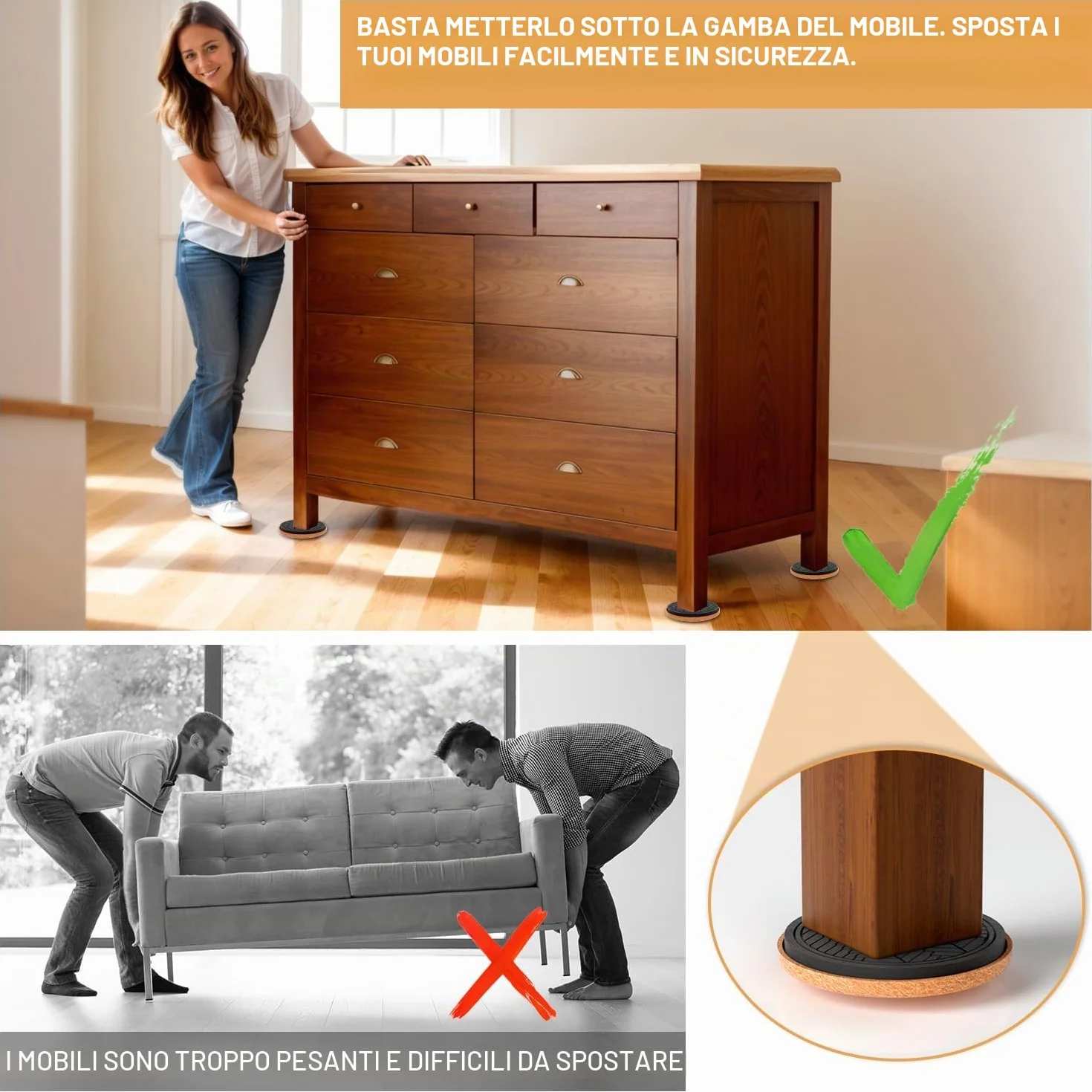 Feltrini per Mobili Pesanti Parquet 8 Pezzi 9 cm Marrone Rotondi