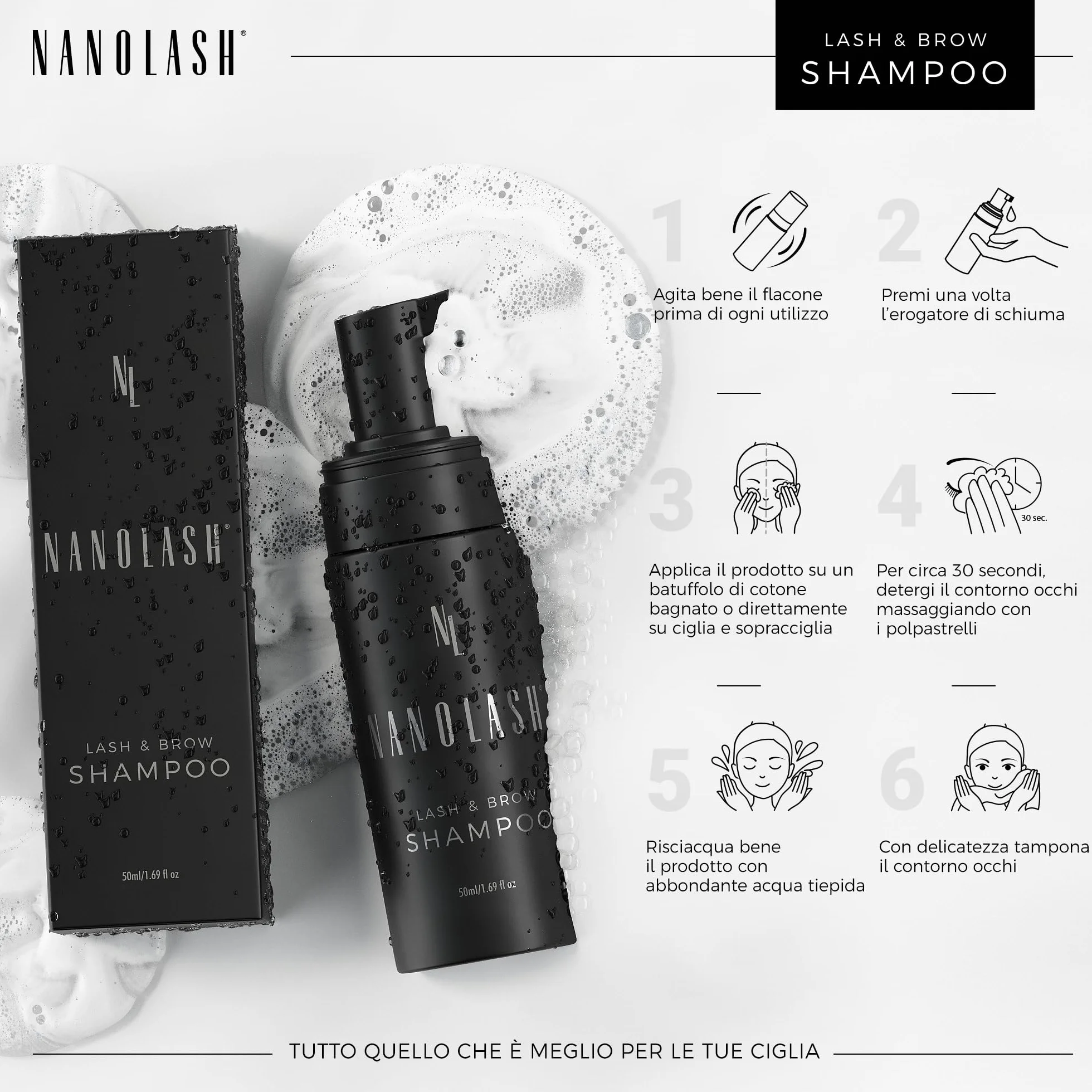 Shampoo per ciglia e sopracciglia Nanolash 50 ml - shampoo detergente per ciglia e sopracciglia, schiuma lavante ciglia e sopracciglia, shampoo extension ciglia