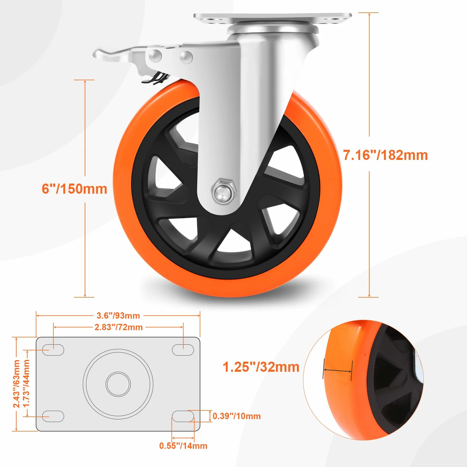 WEIBIDA 150mm Ruote per Mobili Pesanti con Freno, Capacità 1000kg, Set di 4