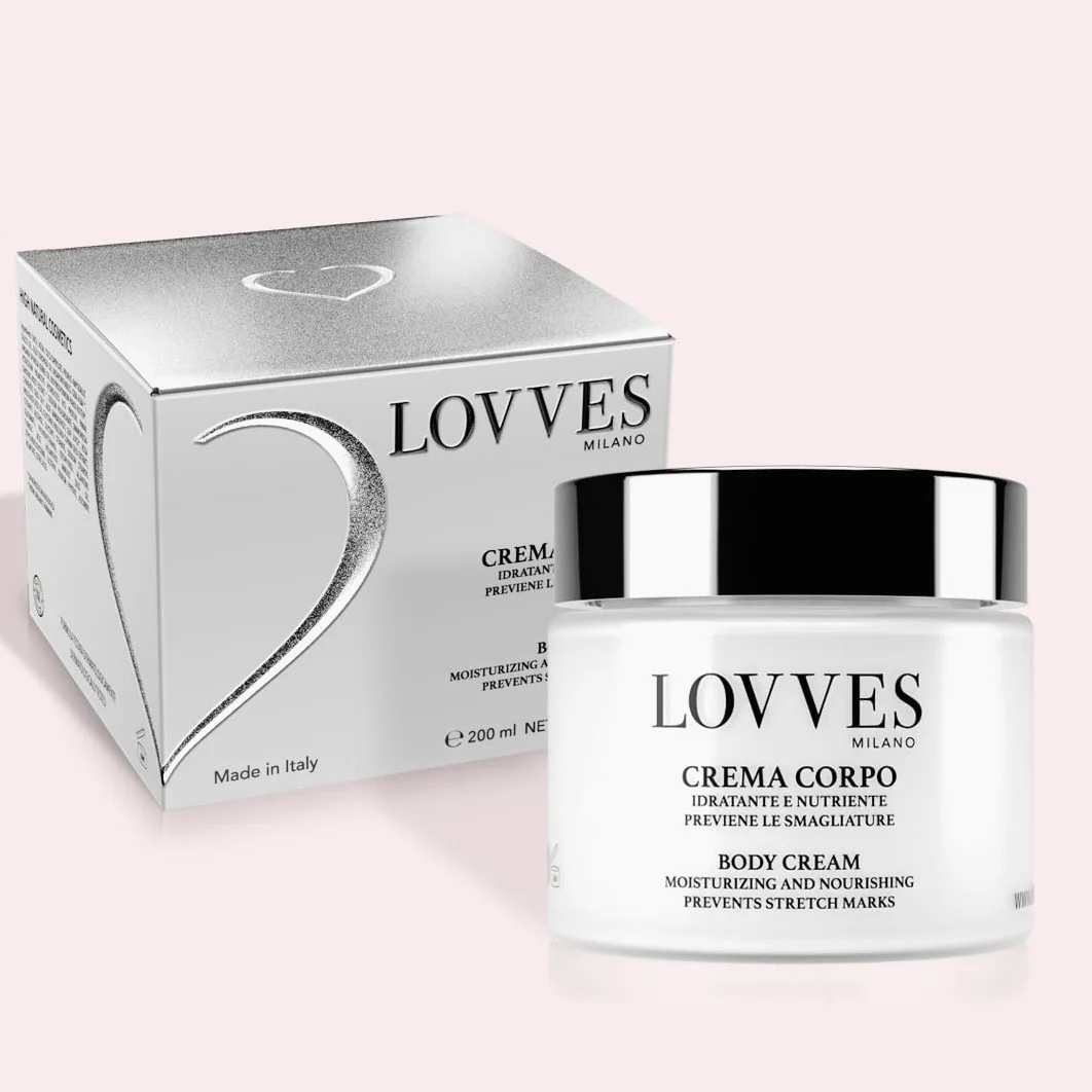 LOVVES Crema Corpo, Alta Cosmesi Naturale, Idratante Nutriente, Previene le Smagliature, indicata in Gravidanza, Tonifica e Rivitalizza la Pelle, la rende Morbida e Setosa, Vaso in Vetro 200ml