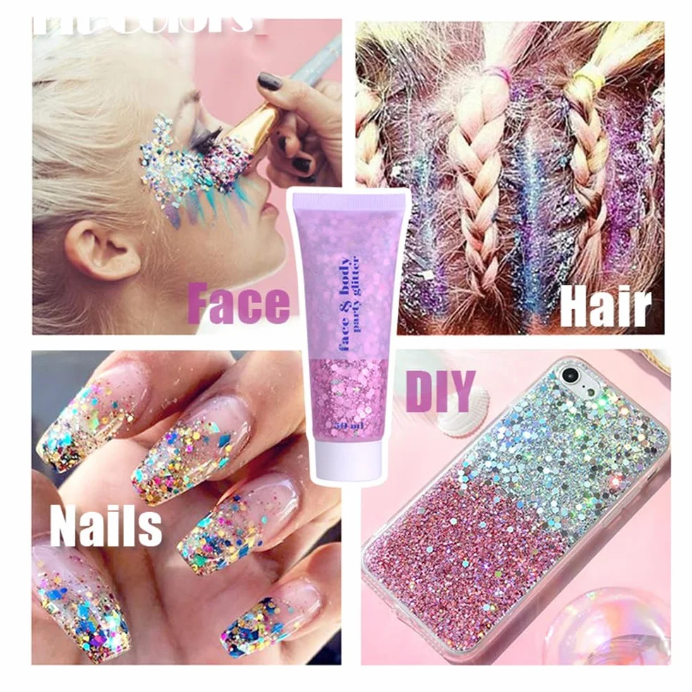 Gel per il corpo, Mardi Gras Face Glitter Make up, scintillanti glitter per capelli grossi, cantanti concerti festival, accessori rave sirena glitter per il viso (#03 rosa)