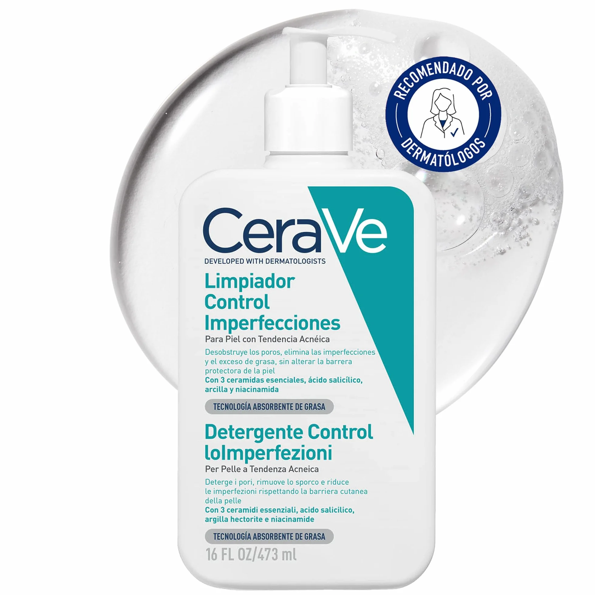 CeraVe Detergente Controllo Imperfezioni, Per Pelle Grassa con Tendenza Acneica, Azione Purificante, Imperfezioni Ridotte, Con Acido Salicilico e Argilla Purificante, 473 ml