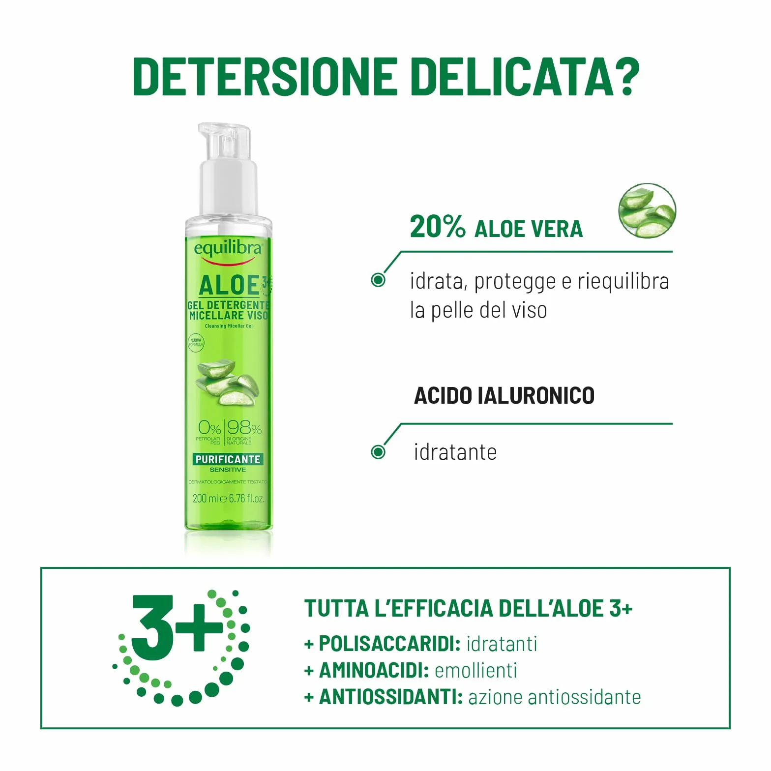 equilibra Viso, Aloe Gel Detergente Micellare Viso, Gel Detergente Viso con Aloe Vera e Aloe 3+ per Pelli Sensibili, Struccante, Rimuove Residui di Make-up e Impurità, Idratante e Tonificante, 200 ml