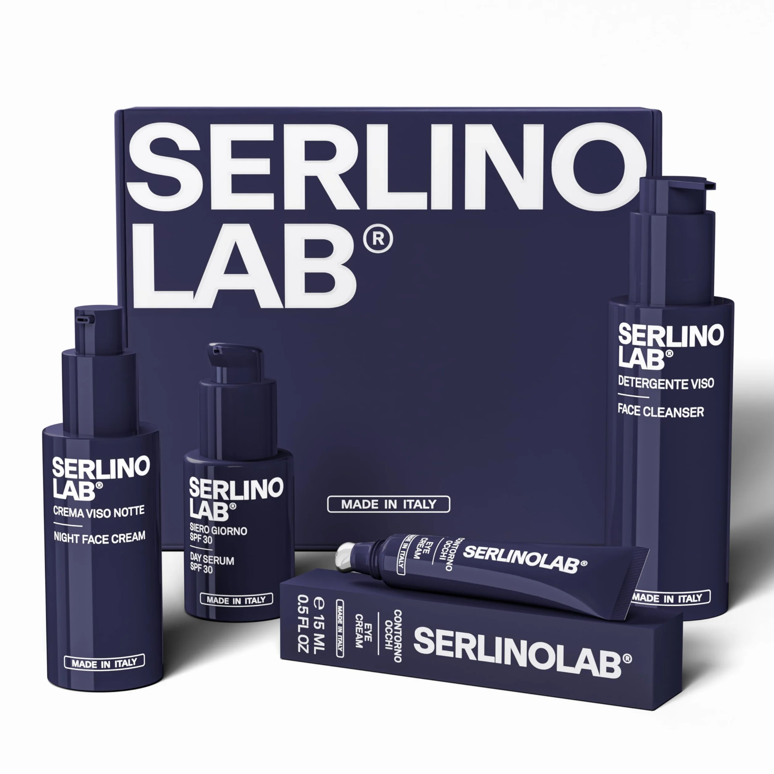SERLINO LAB Kit completo Skincare Antirughe, Detergente, Contorno Occhi, Siero Giorno SPF30, Crema Notte, tutto made in italy