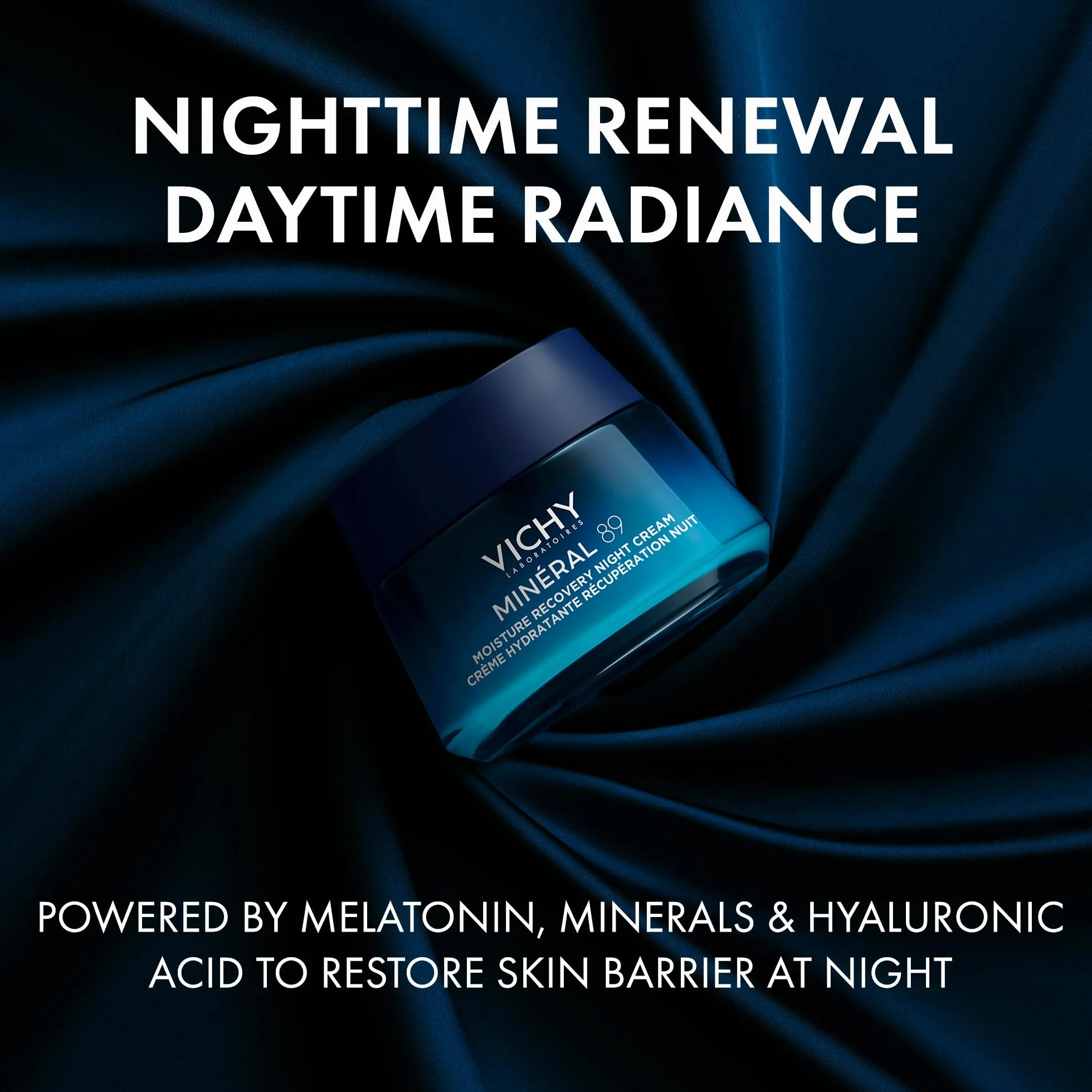Vichy Minéral 89, Crema Notte Idratante, Per Tutti i Tipi di Pelle, Pelle Idratata e Rimpolpata, Barriera Cutanea Ricostituita, Con Acido Ialuronico, Vitamine B3 ed E, Minerali e Melatonina, 50 ml