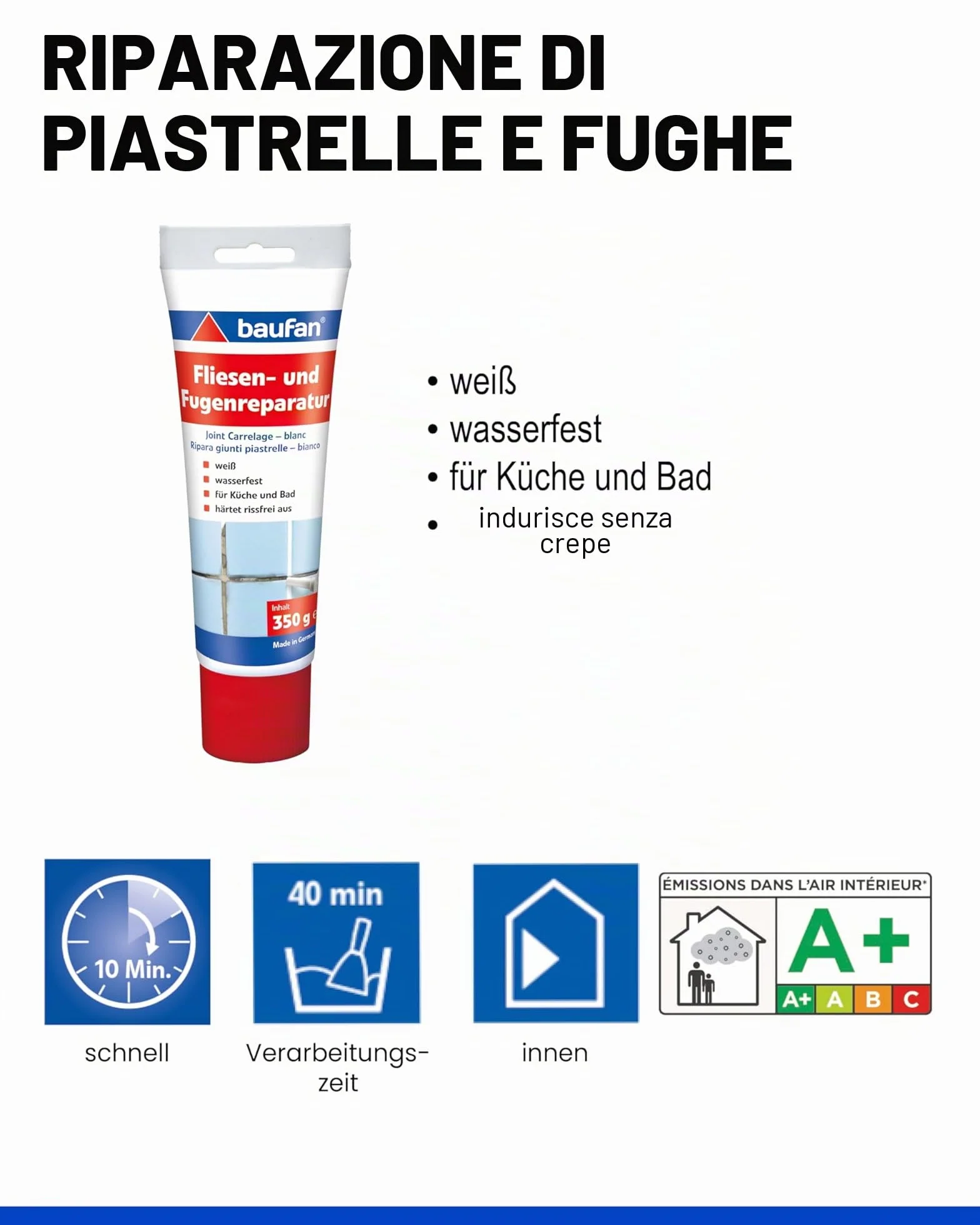 Baufan stucco impermeabile per piastrelle e fughe, bianco, 350 g, malta per fughe