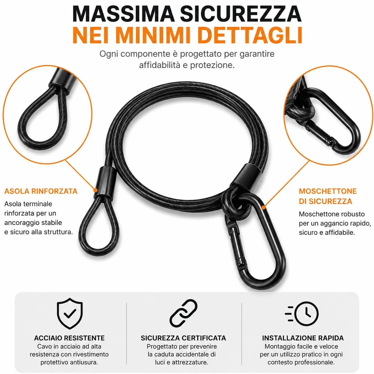 NLIGHTING Cavo di Sicurezza in Acciaio 76 cm 4 Pezzi con Moschettone per Luci Palco Truss