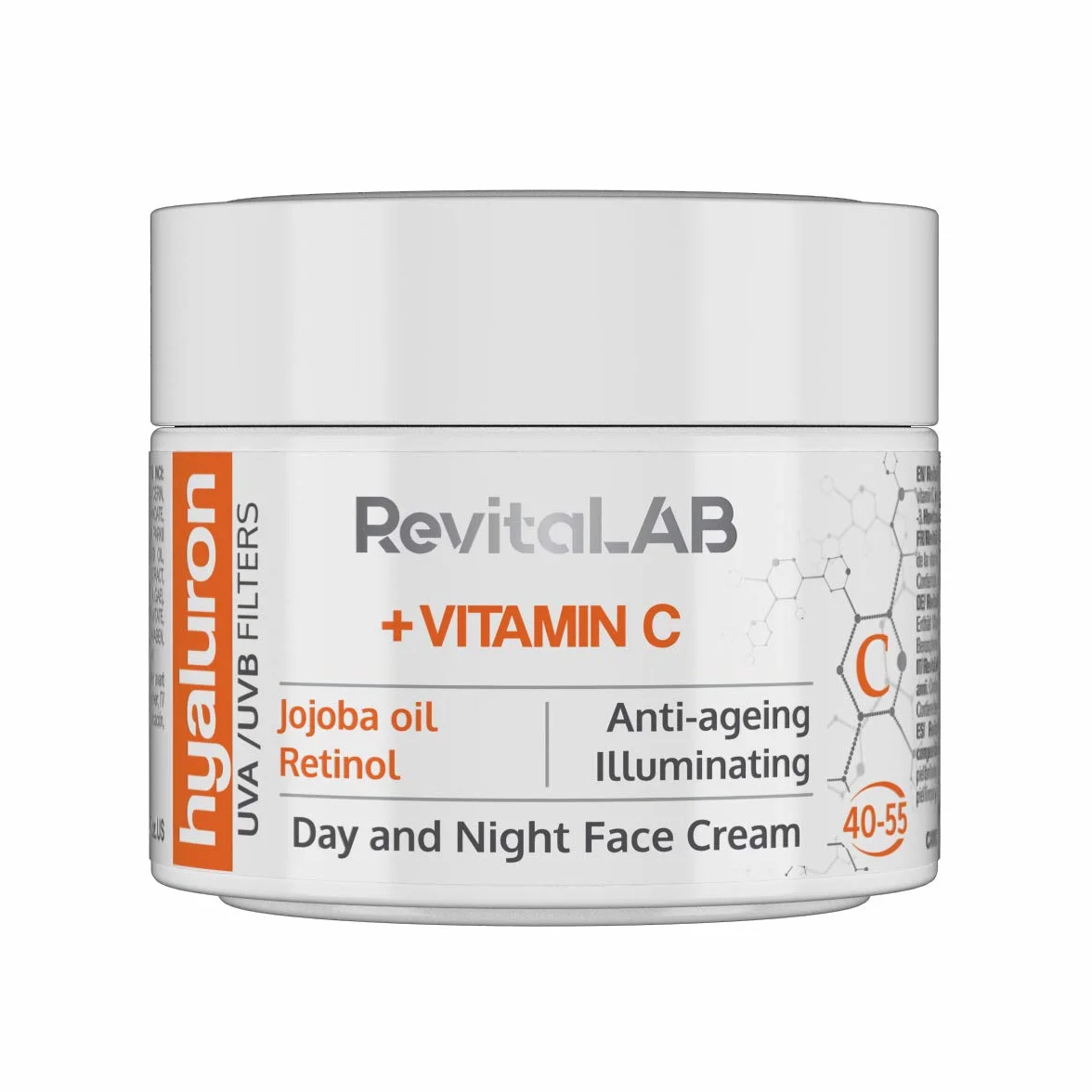RevitaLAB Hyaluron Anti-Aging Day and Night Cream, Enriched with Vitamins A, B3, B5, E, C, Jojoba Oil, and UV Filters for Ages 40 – 55, 50 ml