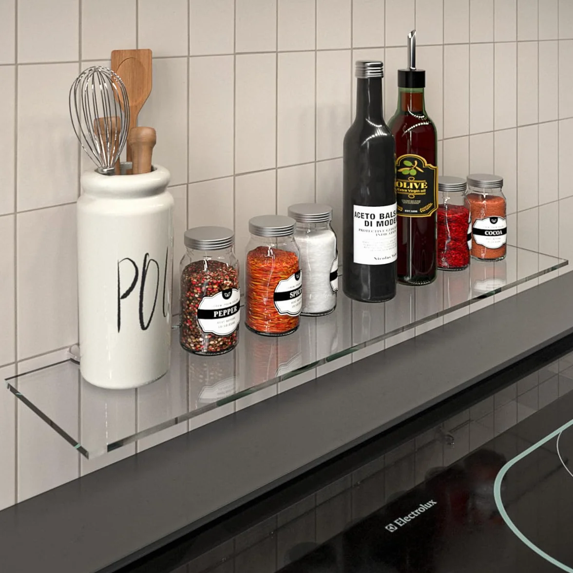 Mensola da parete in vetro ESG 6 mm 90 x 17,8 cm per bagno doccia con staffe in metallo trasparente