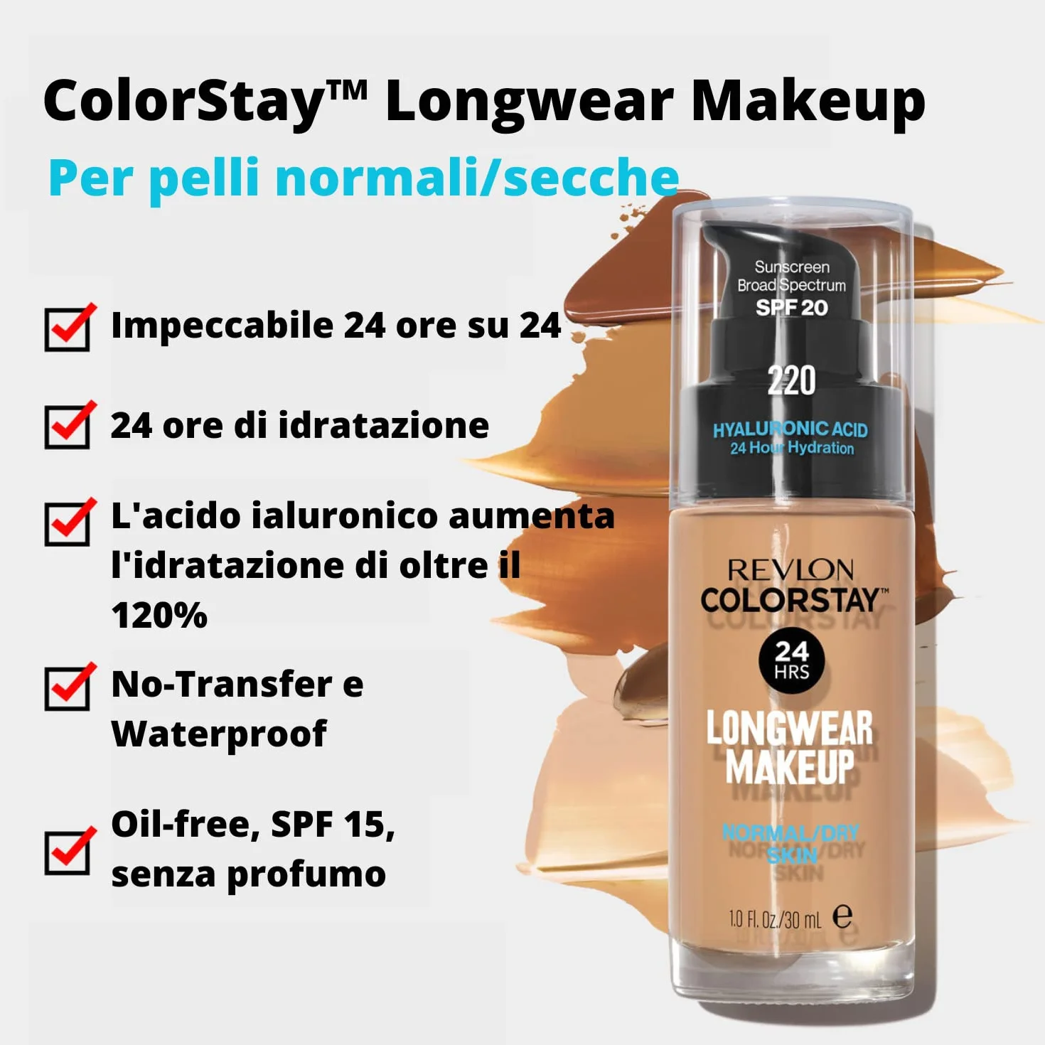 Revlon ColorStay, Fondotinta per Pelle Normale e Secca, con Protezione Solare SPF 20, Formula Duratura, Oil Free (30ml), 220 Natural Beige