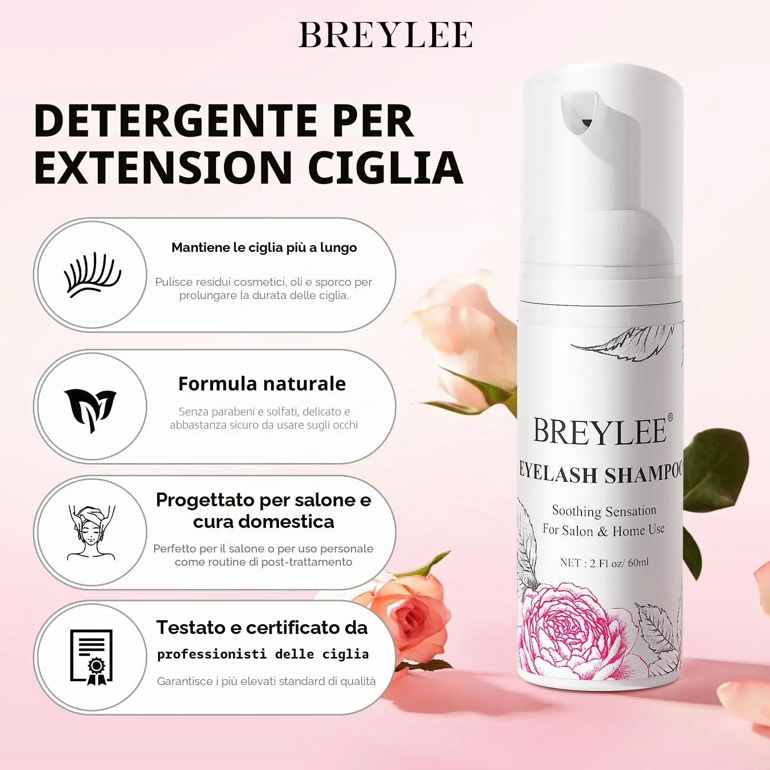 Shampoo Estensione Ciglia 60 ml + Bottiglia Risciacquo + Pennello + Mascara Parete Palpebra BREYLEE Lash, Senza Paraben e Solfati, Schiuma Detergente Trucco