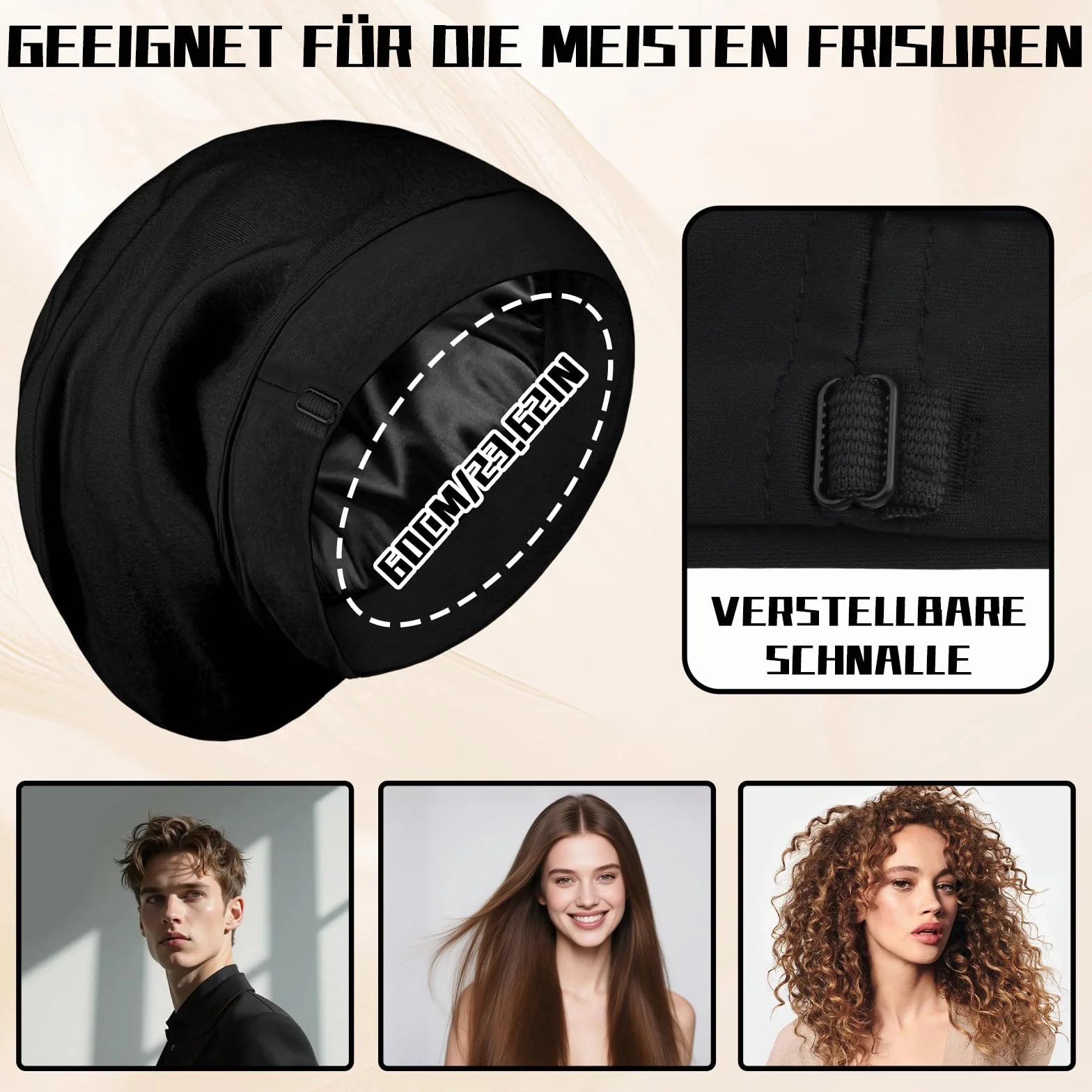 Notoke Cuffia in seta per dormire, nera satinata con fodera in seta, cappuccio per capelli ricci, cappello per dormire regolabile, per donne e ragazze, cura dei ricci di notte