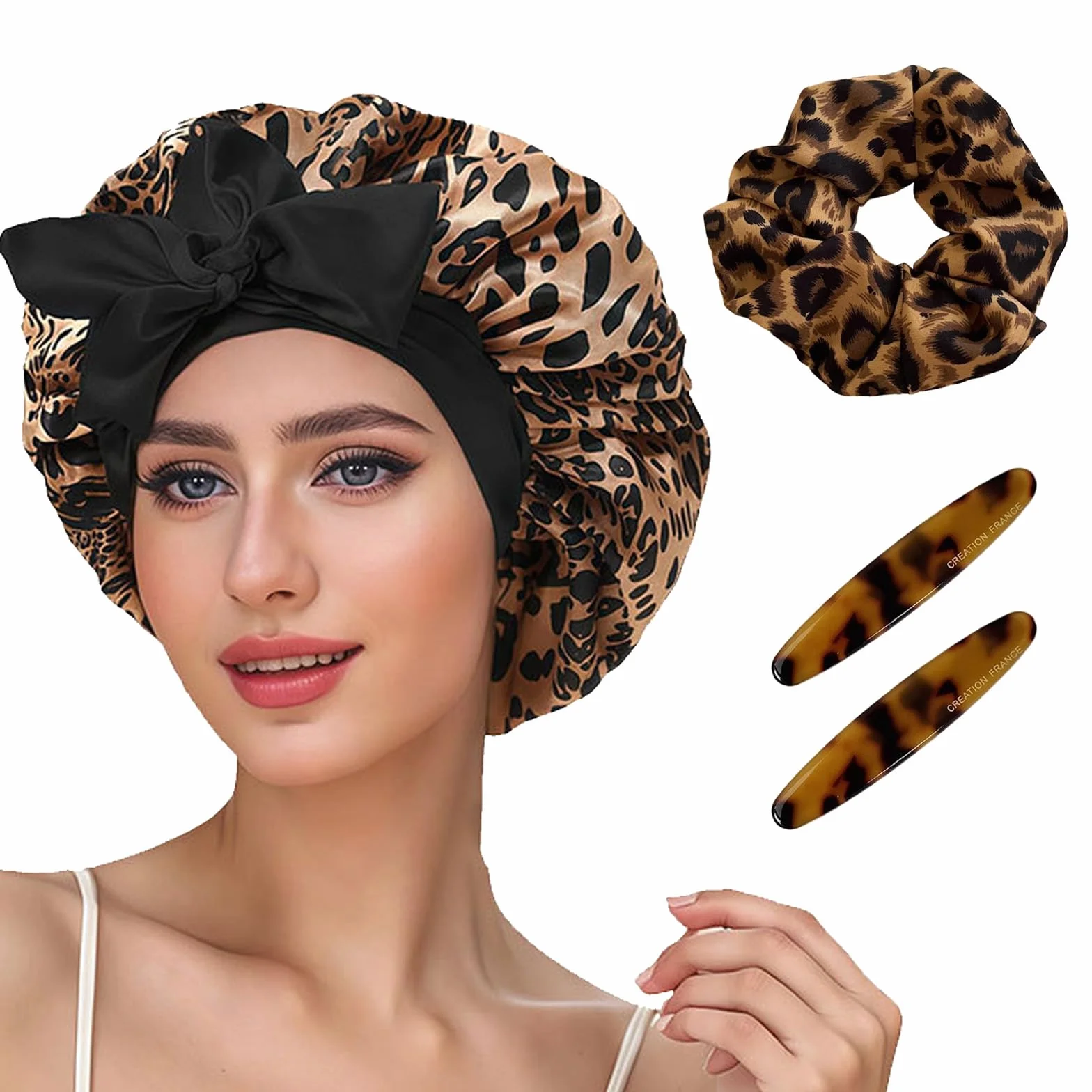 Cuffia Seta Capelli Notte, Leopardata Bonnet Seta per Capelli Ricci Lunghi e Corti, Elastico Cuffia Capelli Ricci Notte, Leopardato Bonnet Satinato con Scrunchies Hair Clip per Donna Ragazza