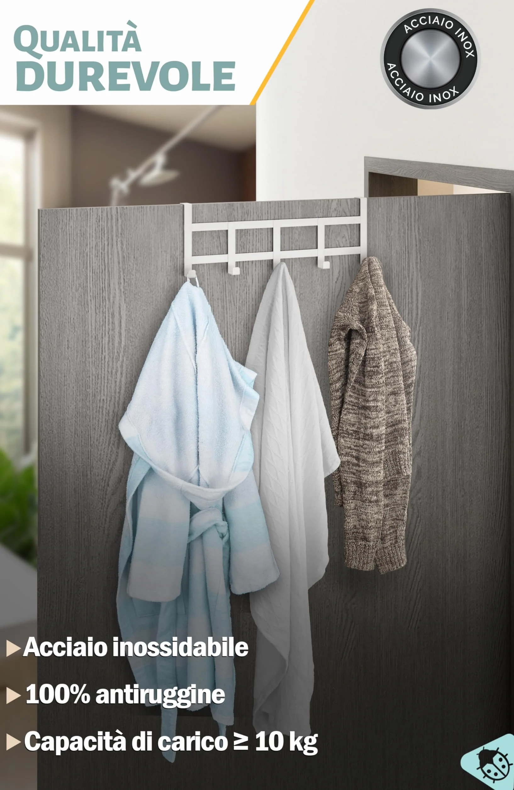 Menz Appendiabiti da Porta Inox Bianco Salvaspazio Ganci per Porte