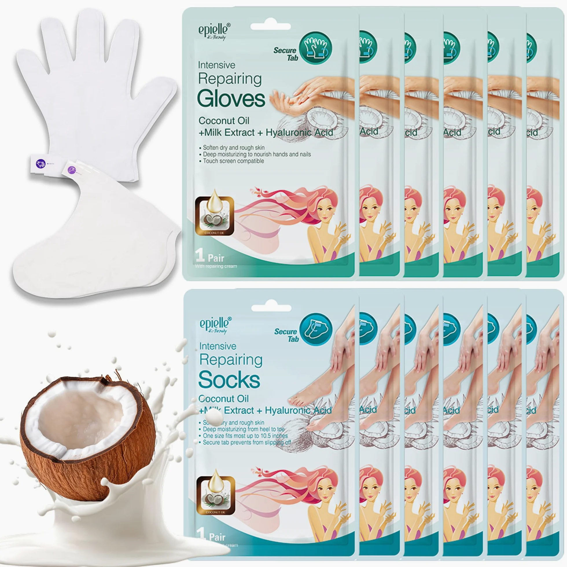 Epielle Maschera riparatrice intensiva per mani e piedi, ripristina e idrata la pelle secca e screpolata, regali per la cura di sé per le donne, kit spa, 6 guanti idratanti e 6 calzini idratanti