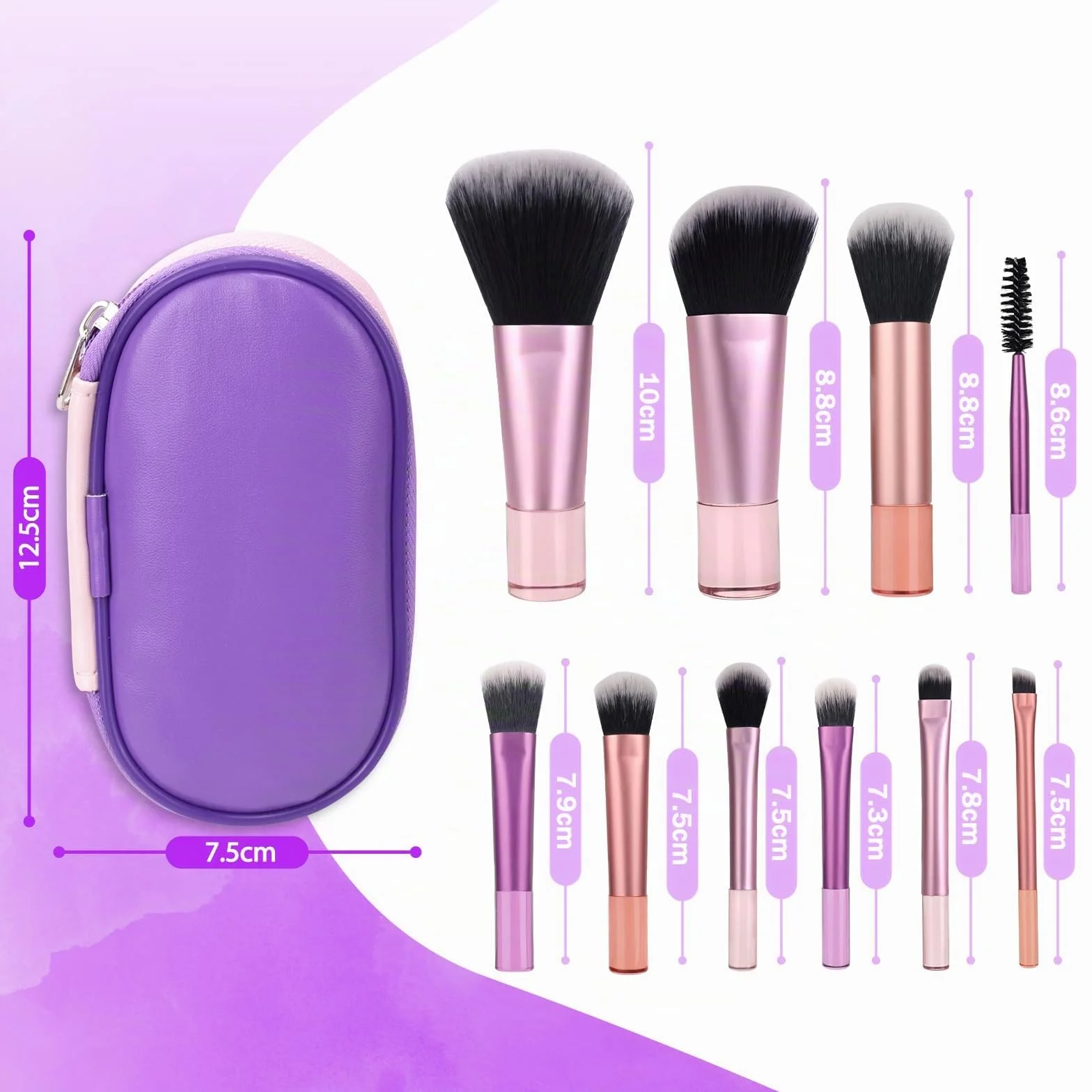 Mini Set di Pennelli per il Trucco, Set di Pennelli per il Trucco da 10 Pezzi da Viaggio con Borsa in Pu, Set di Pennelli per Cosmetici Portatile per Viaggi d'Affari, Vacanze, Campeggio (Rosa e Viola)