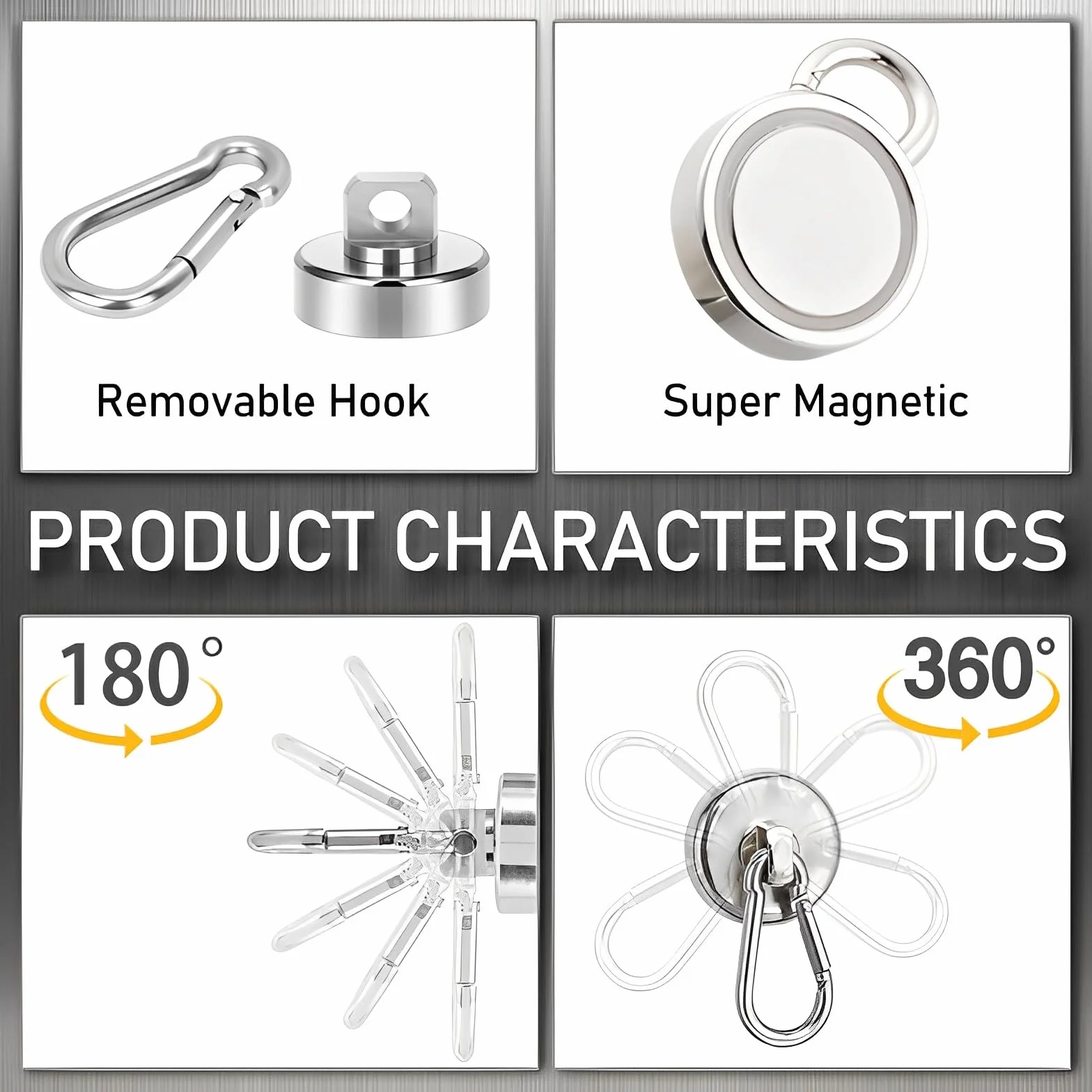 Ganci Magnetici 32mm 36kg Neodimio Ruotabili 360° con Moschettone 4 Pezzi