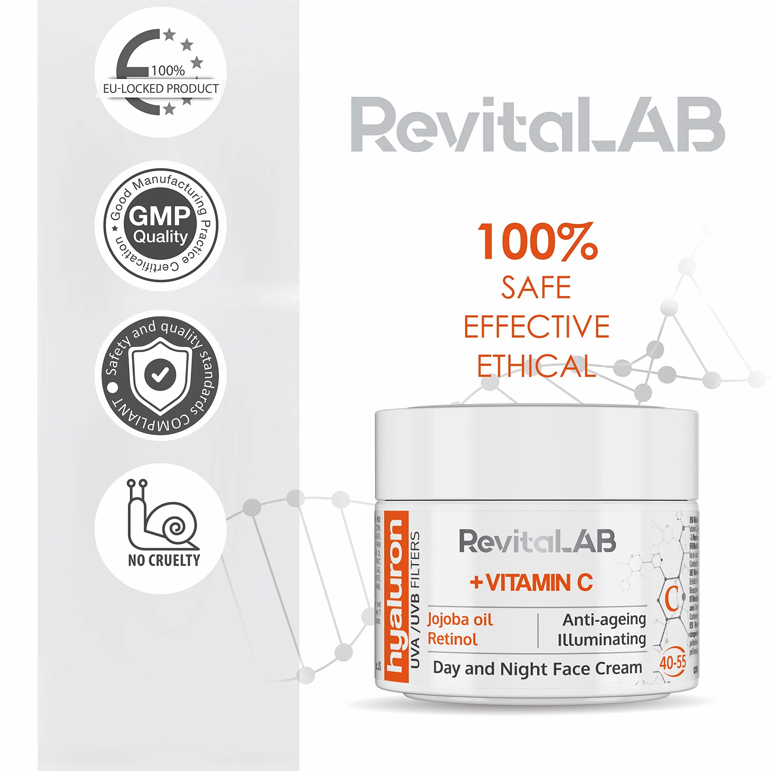 RevitaLAB Hyaluron Anti-Aging Day and Night Cream, Enriched with Vitamins A, B3, B5, E, C, Jojoba Oil, and UV Filters for Ages 40 – 55, 50 ml