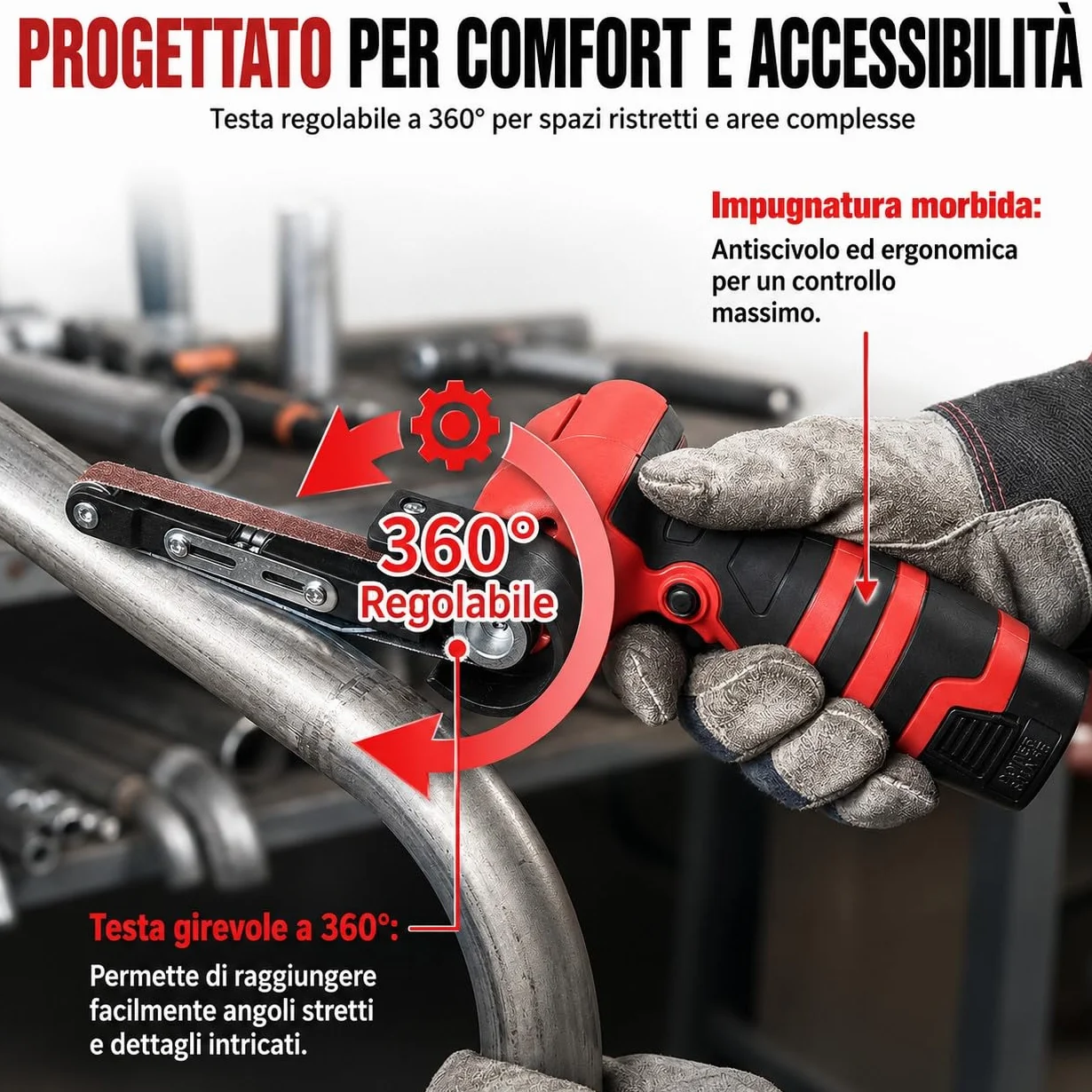Mini Levigatrice a Nastro a Batteria 24V 10x330mm 360° con 2 Batterie 10 Nastri Abrasivi per Metallo Legno