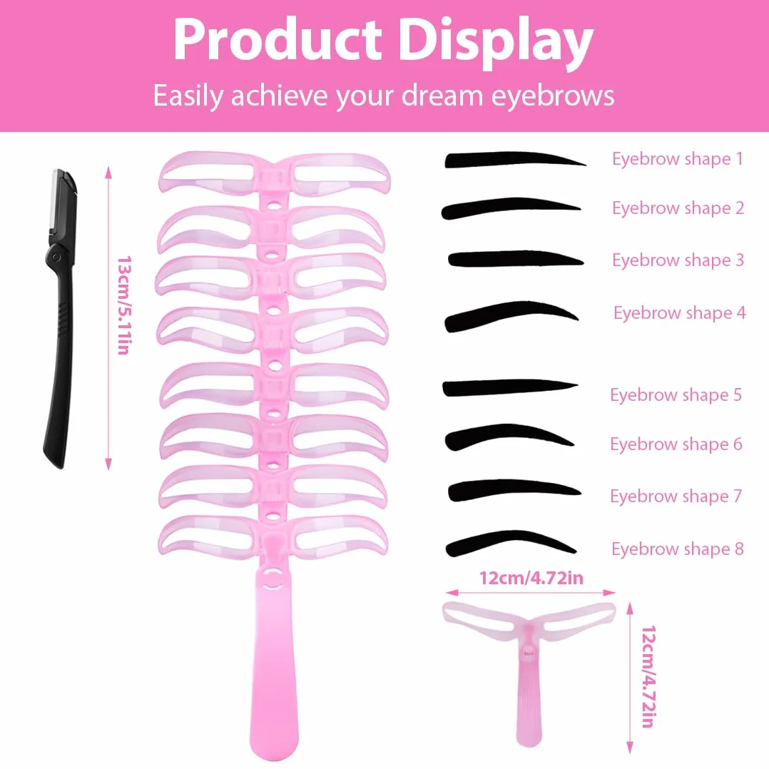 GXGM Stencil Sopracciglia Kit Timbri Sopracciglia 8 Stencil per Sopracciglia per Principianti Riutilizzabili e 1 Rasoio per Sopracciglia, Rosa