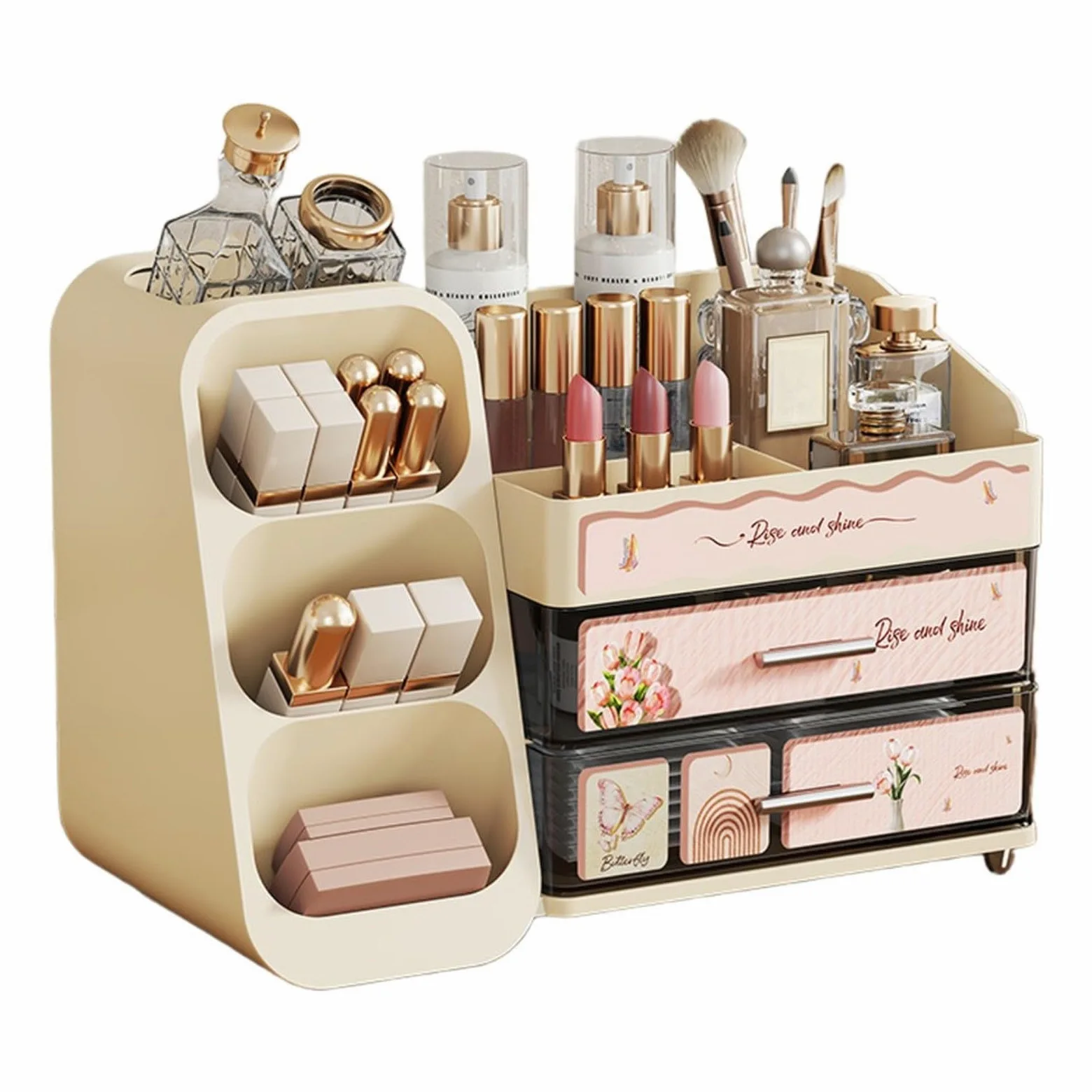 Confezione da 1 organizer per cosmetici con cassetti per rossetto, profumo, pennelli da scrivania, moderno ABS+PET nero, 35 x 19 x 25 cm (C)