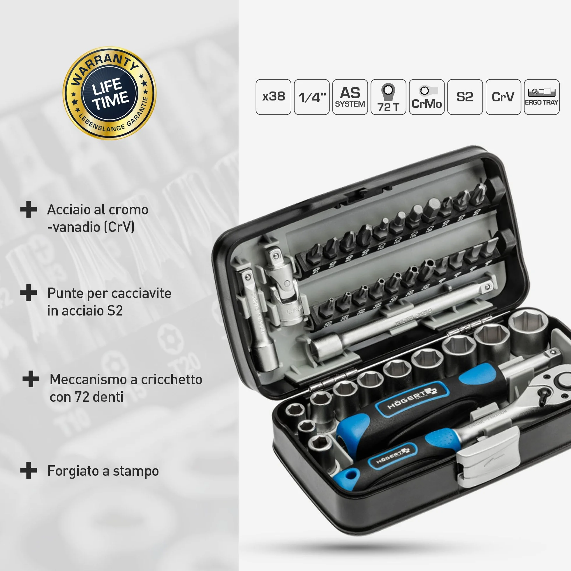 Högert Technik Cassetta Attrezzi 38 Pezzi Set Chiavi a Bussola 1/4" Cricchetto 72 Denti HT1R462
