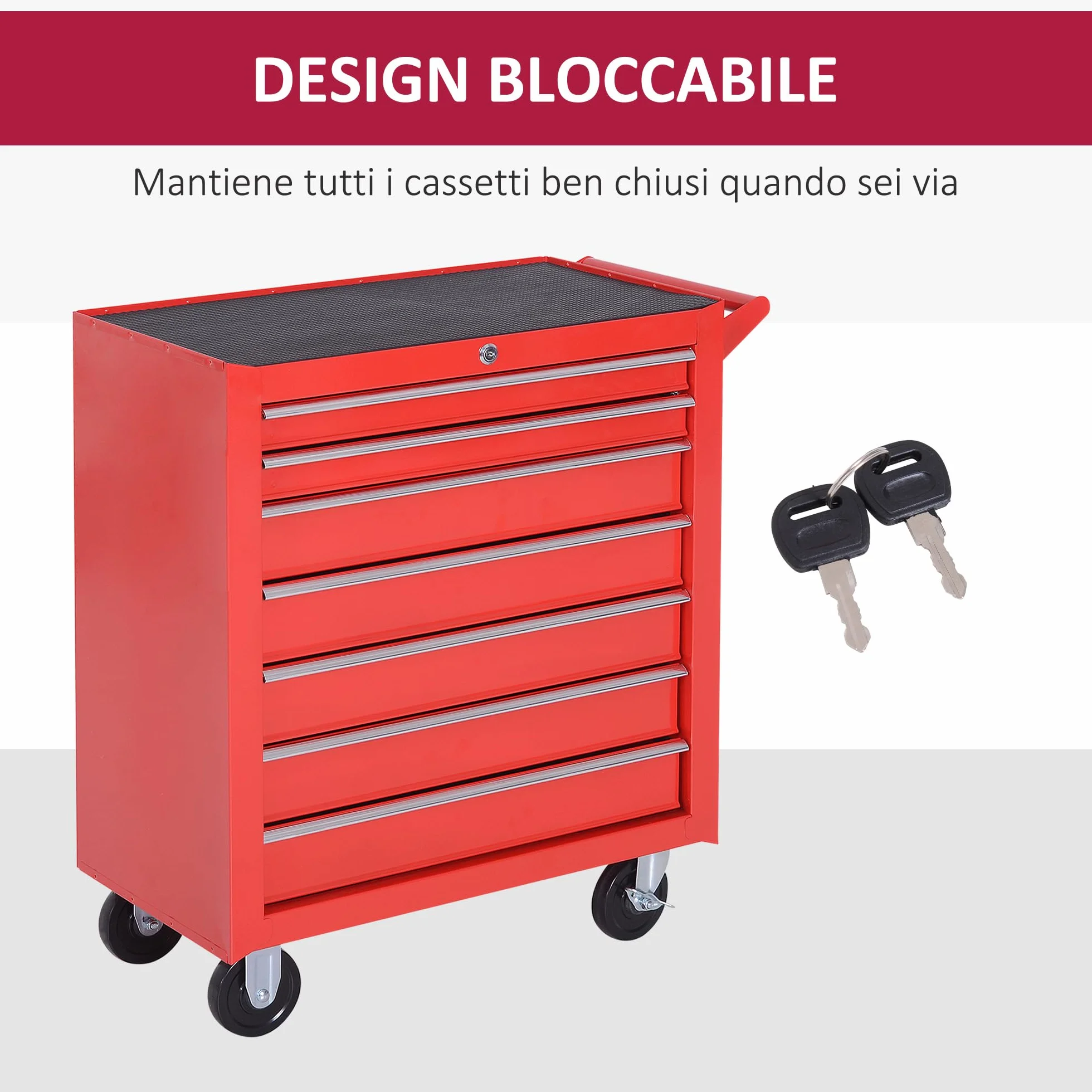 DURHAND Carrello Porta Attrezzi 7 Cassetti in Acciaio con Serratura, Rosso