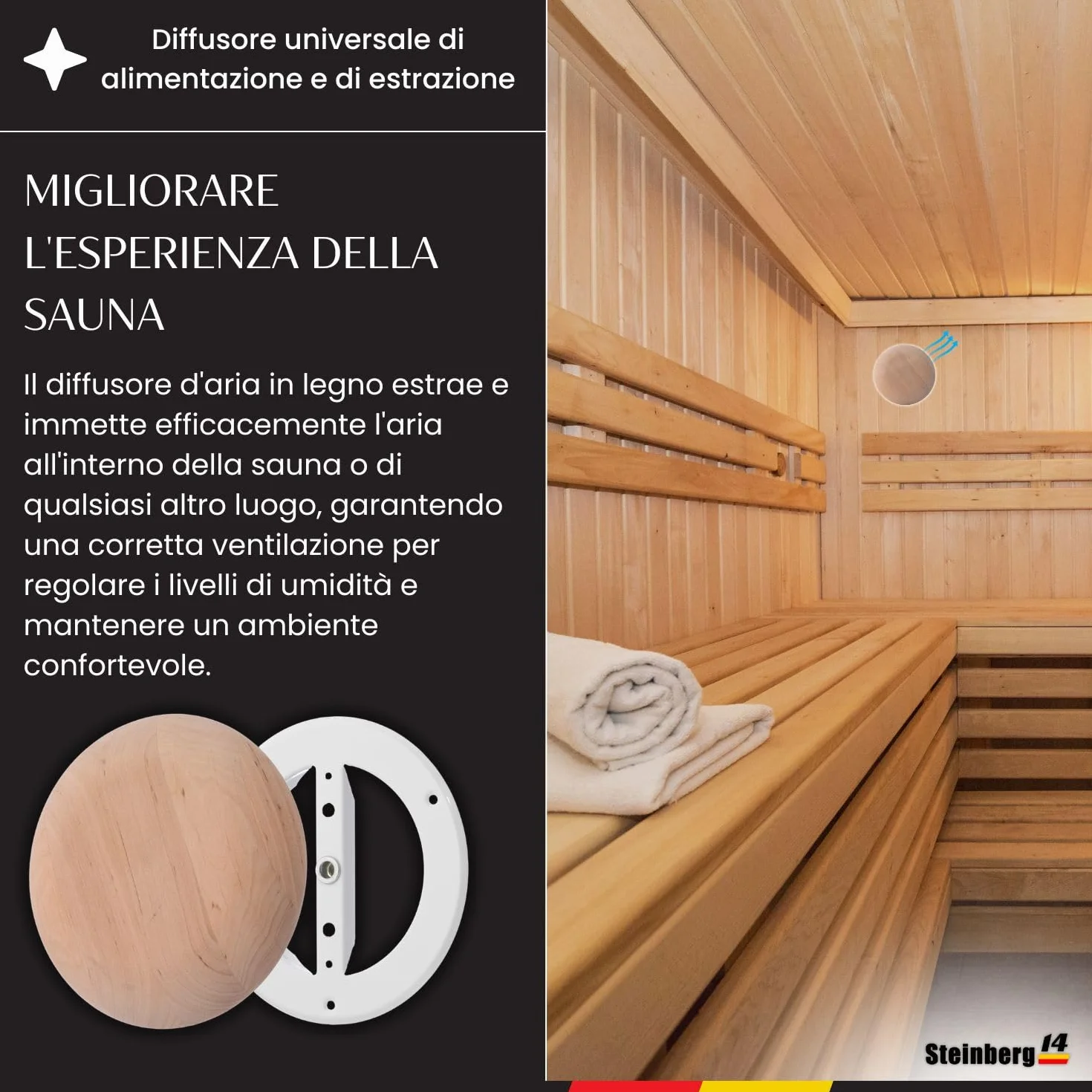 Steinberg14 Diffusore in Legno per Sauna 125mm Griglia di Ventilazione Valvola a Disco Regolata Copertura Condotto Rotondo