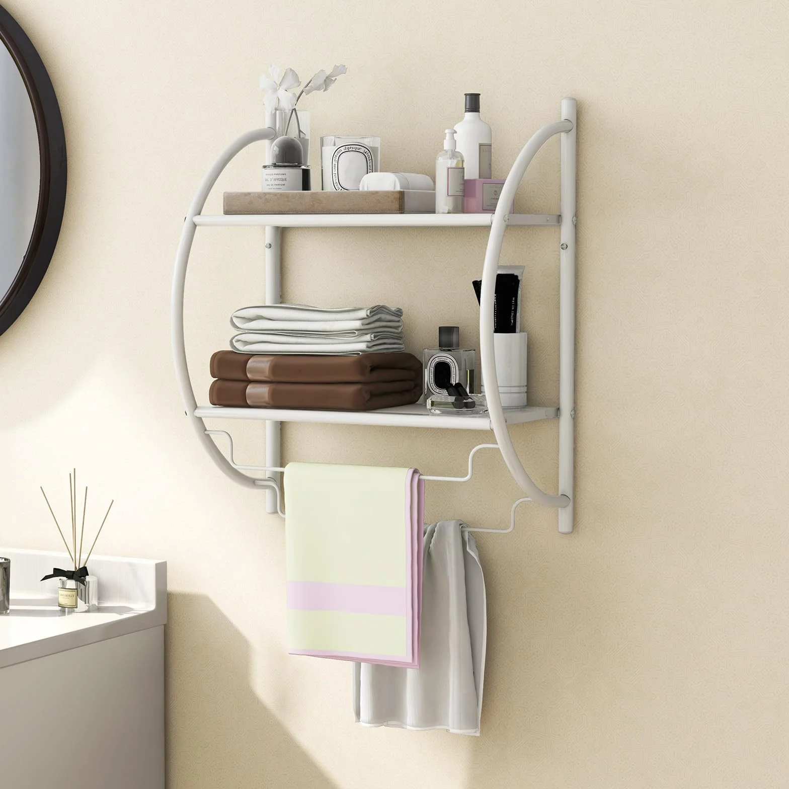 GIANTEX Porta Asciugamani Bagno da Parete, Mensola Doccia con 2 Ripiani e 2 Portasciugamani, Antiruggine, 45x25,5x55 cm Bianco
