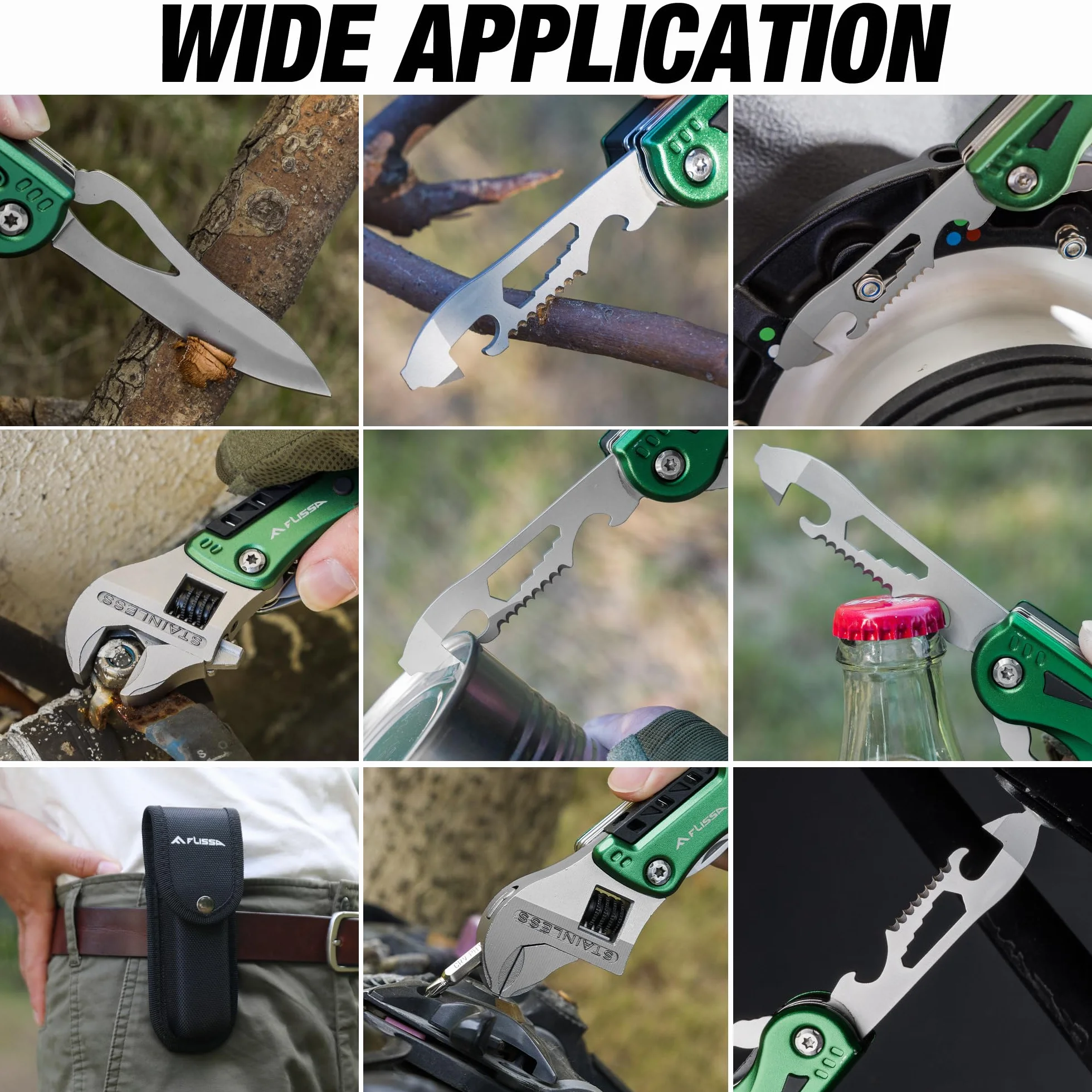FLISSA Multitool 13 in 1 Chiave Multiutensile Regolabile con Borsa per Riparazioni Auto e Domestiche Verde