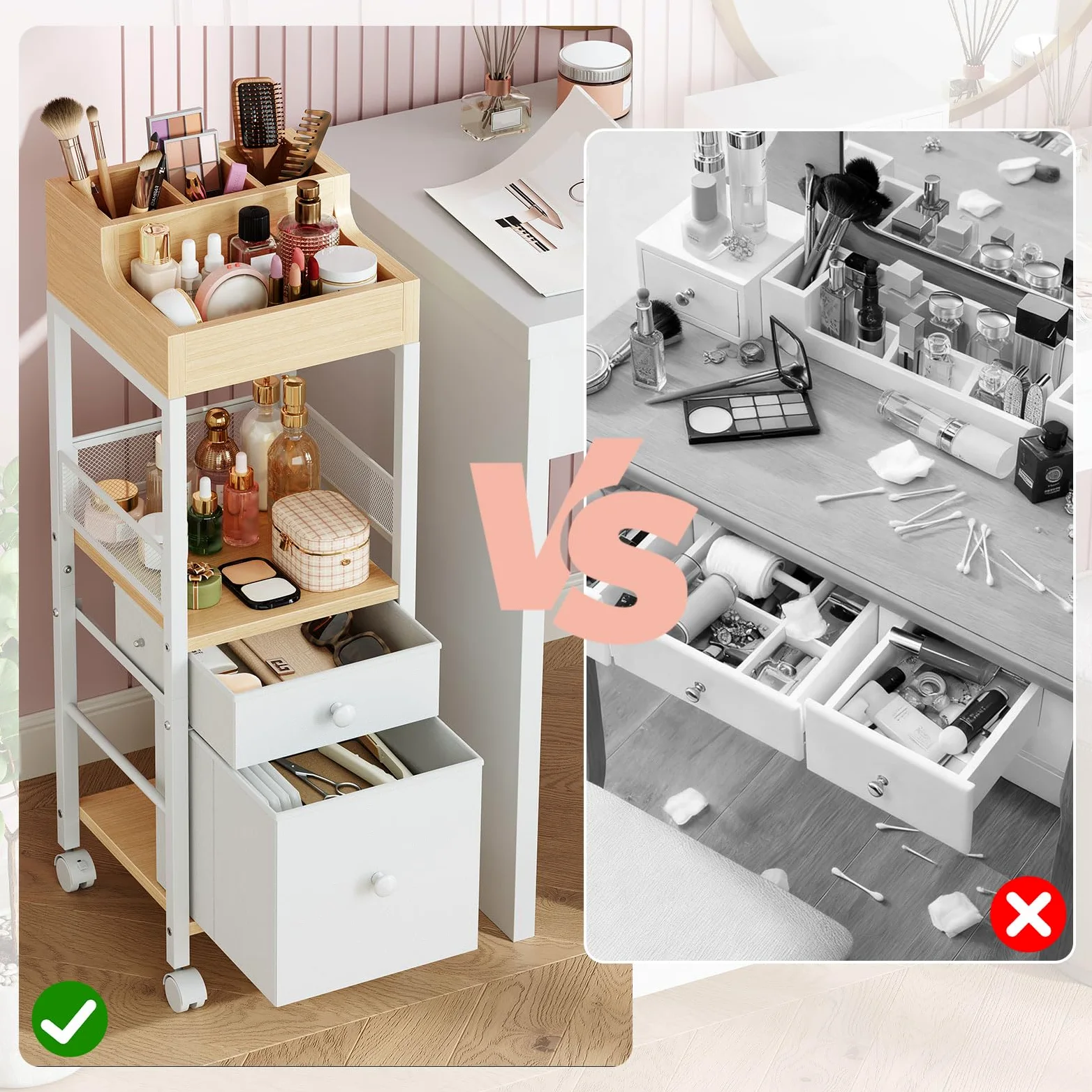 HOOBRO Carrello Portaoggetti per Trucchi con 2 Cassetti in Tessuto, Carrello Porta Trucchi da Bagno con Ruote, Carrellino per Cosmetici e Skincare, Espositore Trucco Bianco e Legno Naturale EWN19TC04
