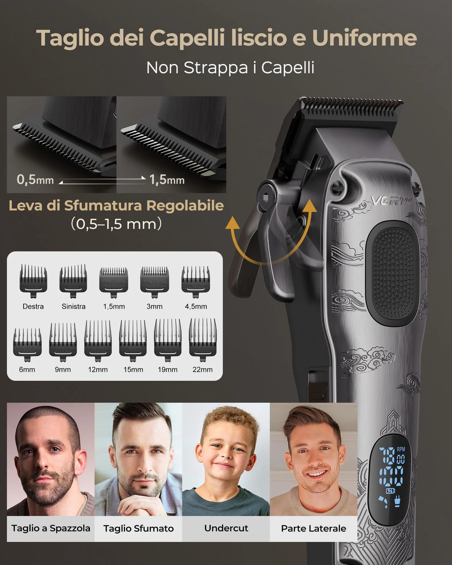 VGRPRO Set di Tagliacapelli uomo professionale e Trimmer Capelli, Rasoio Elettrico a Lamina, Macchinetta per capelli, 4 Impostazioni di Velocità, Display LED della Batteria, Uso da Barbiere (Grigio)