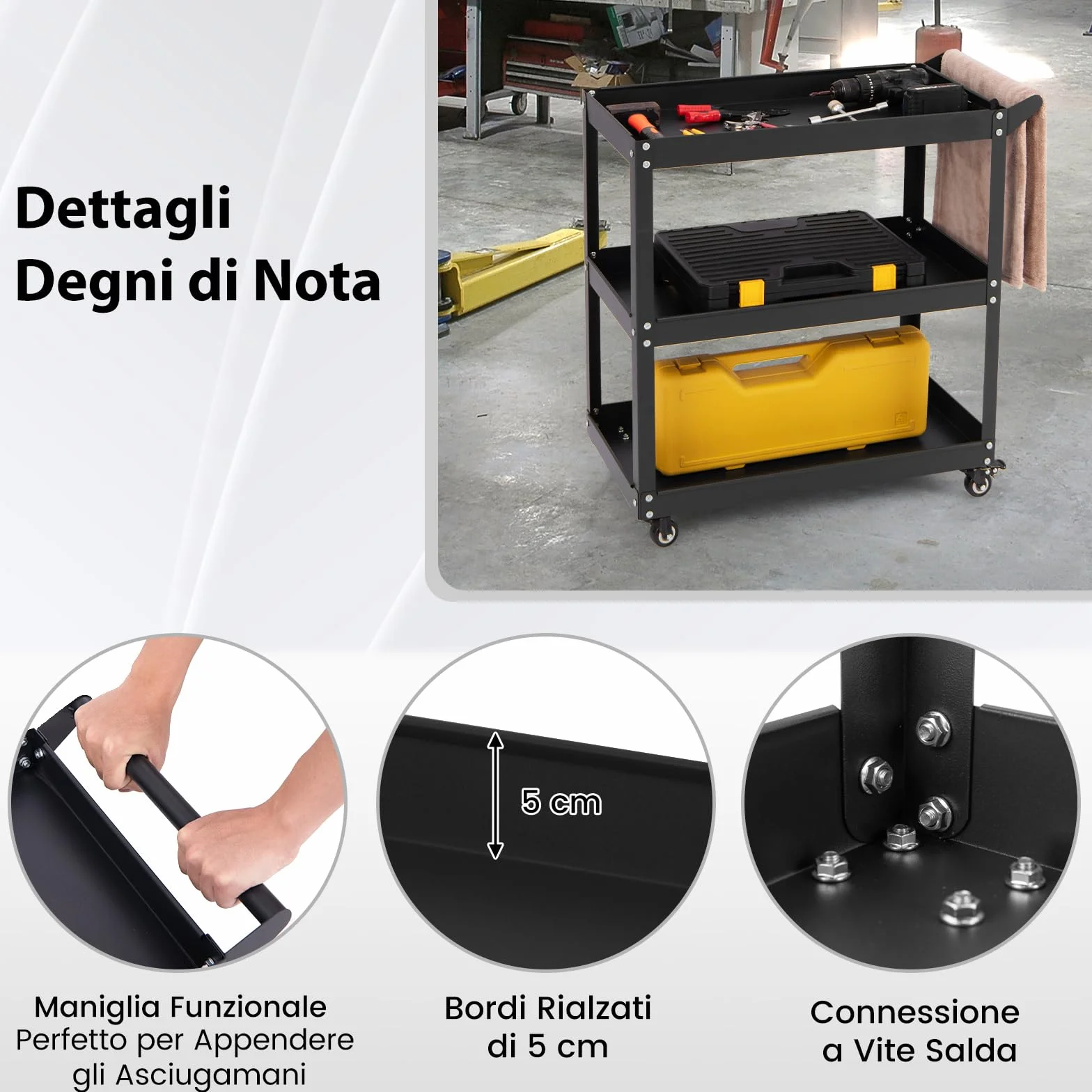 GYMAX Carrello Multiuso Robusto a 3 Ripiani con Maniglia Comoda, Ruote Bloccabili per Magazzino, Garage, Cucina, Officina (Nero)