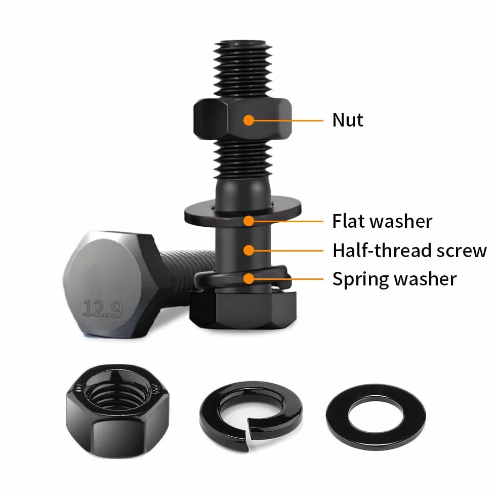 Bulloni a testa esagonale M14x70mm grado 12.9 acciaio nero semifilettato set 4 pezzi