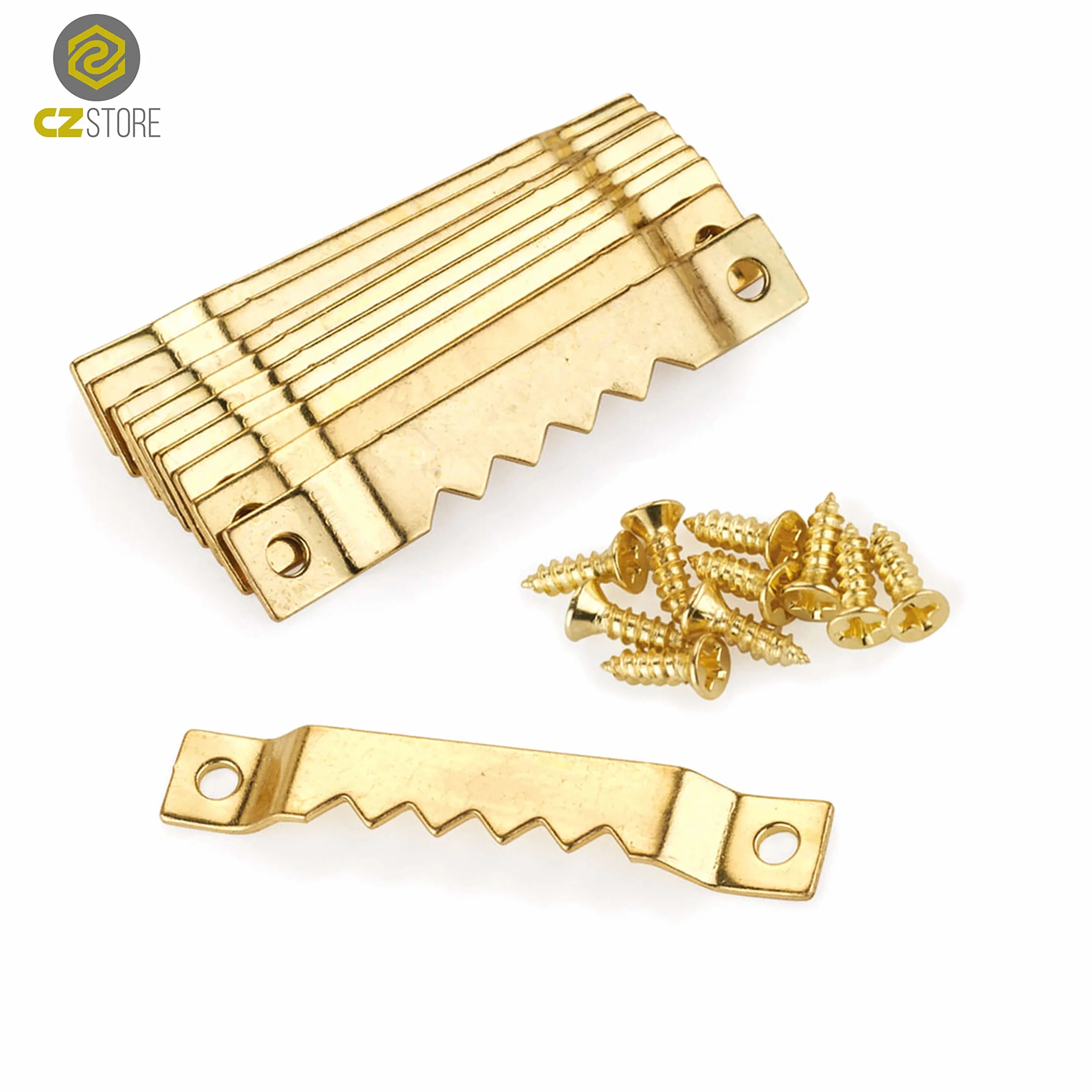 Ganci per Cornici in Metallo Dorato Rivestito in Ottone Dentellati - Accessori per Appendere Quadri - Incluse 200 Viti