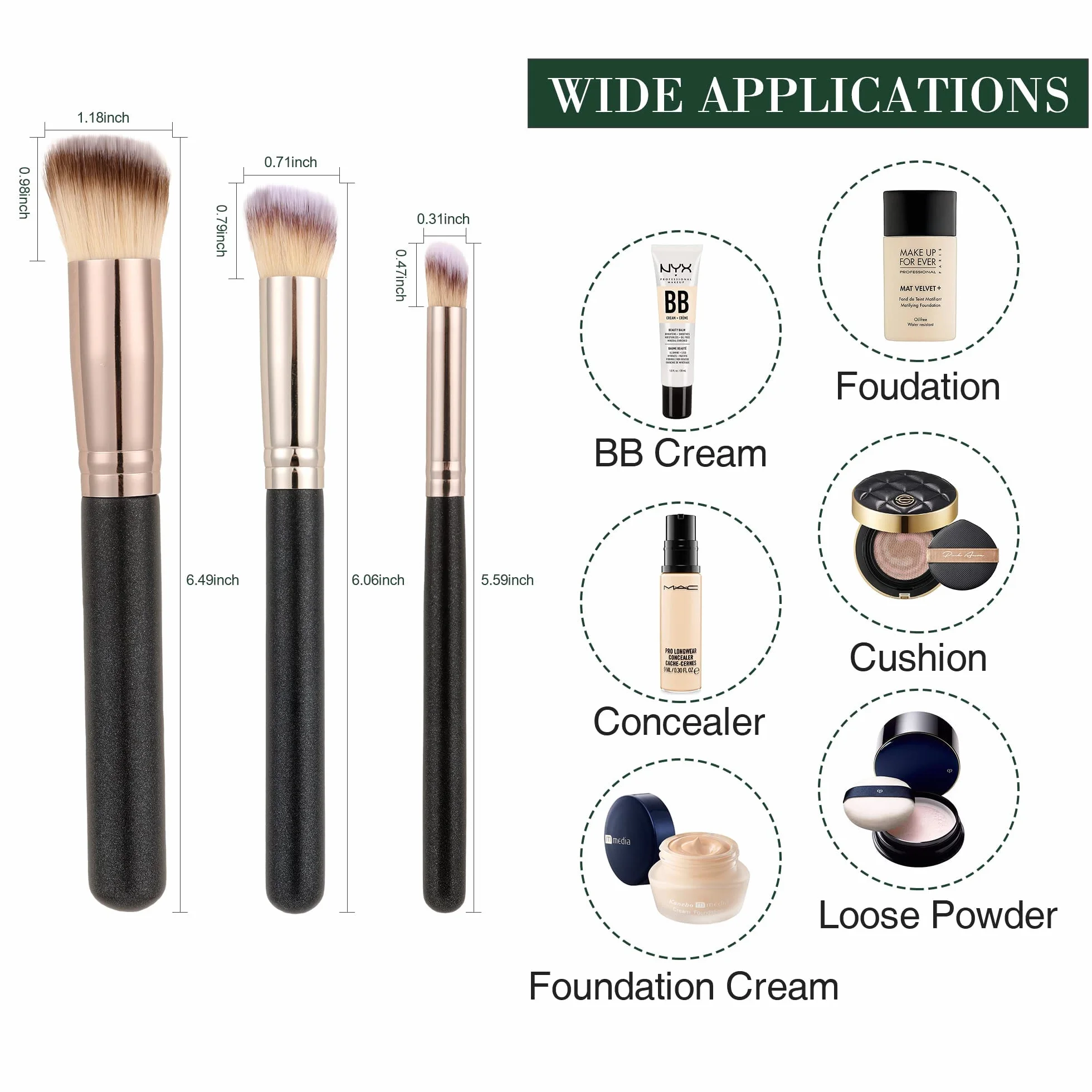 Pennello Fondotinta Liquido, 3 Pezzi Pennello Correttore Viso Blush Make Up Contouring, Perfetto Per Qualsiasi Look, Funziona Con Liquidi, Smalti, Creme, Modellanti, Fard e Ciprie Fissanti
