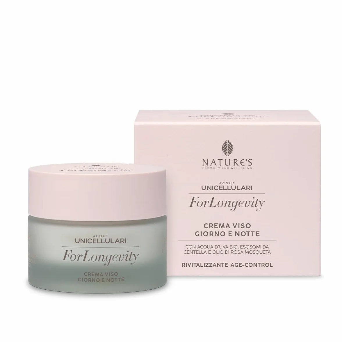 NATURE'S - ForLongevity Crema Viso Giorno Notte con Acqua d'Uva Bio, Esosomi di Centella Asiatica e Olio di Rosa Mosqueta, Nutriente e Rigenerante per Pelli Disidratate 50 ml