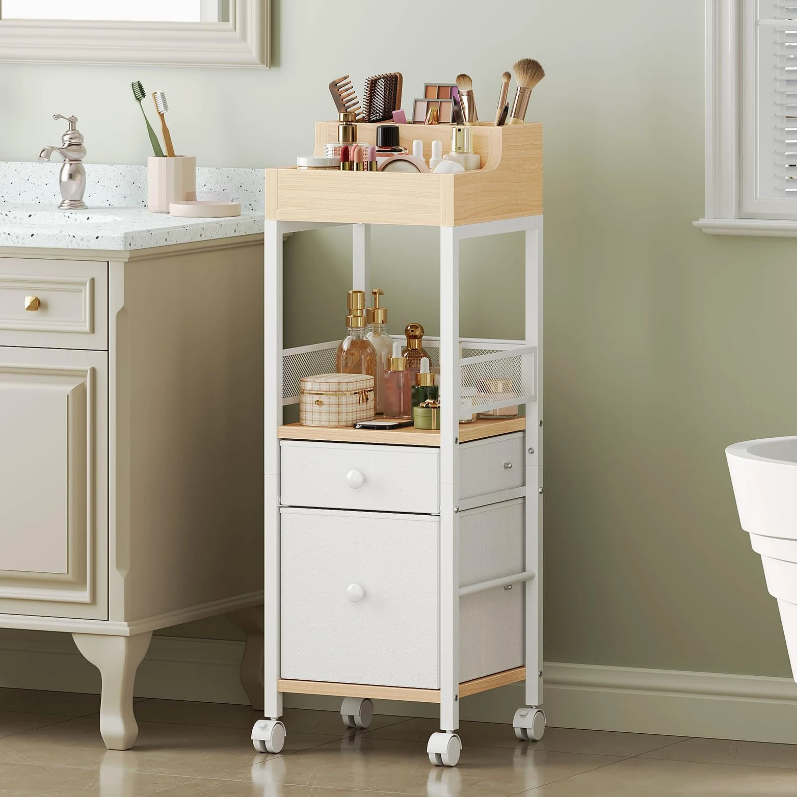 HOOBRO Carrello Portaoggetti per Trucchi con 2 Cassetti in Tessuto, Carrello Porta Trucchi da Bagno con Ruote, Carrellino per Cosmetici e Skincare, Espositore Trucco Bianco e Legno Naturale EWN19TC04