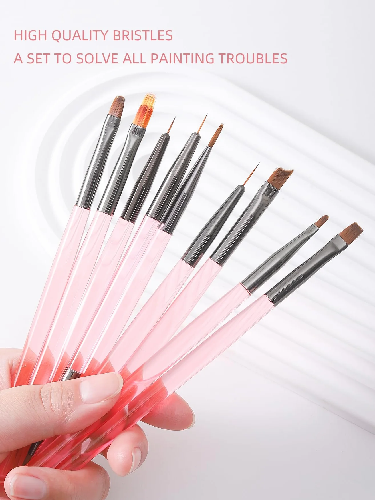 Set di pennelli per nail art, 9 pennelli per nail art, pennelli professionali per nail art, pennelli per unghie sottili, rosa