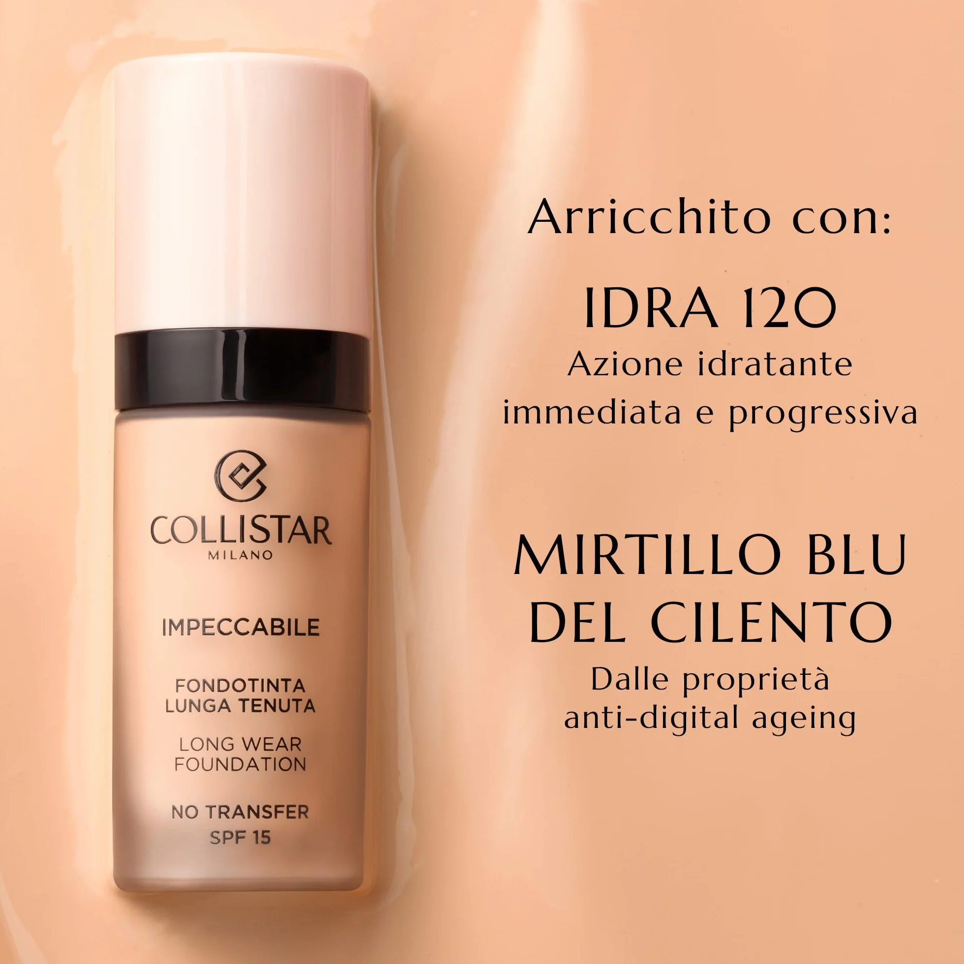 Collistar Impeccabile Fondotinta Lunga Tenuta, No Transfer, SPF 15, Idratazione Immediata e Fino a 120h, Finish Matte Naturale, Effetto Seconda Pelle, Coprenza Modulabile, 30ml