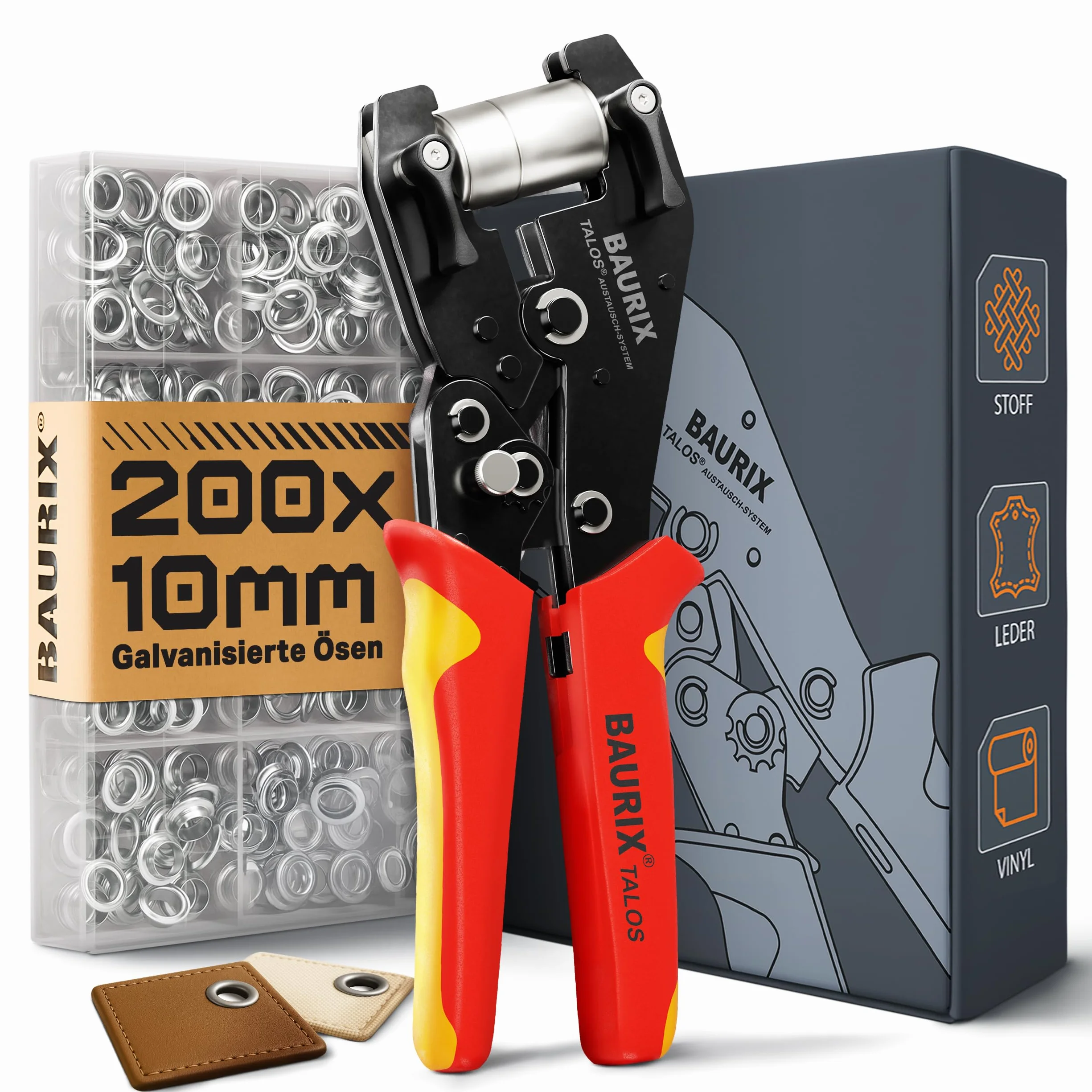 BAURIX Pinza Occhielli con 200 Occhielli Ø10 mm per Telo Stoffa Pelle Tessuti Autopunzante Senza Foro TALOS