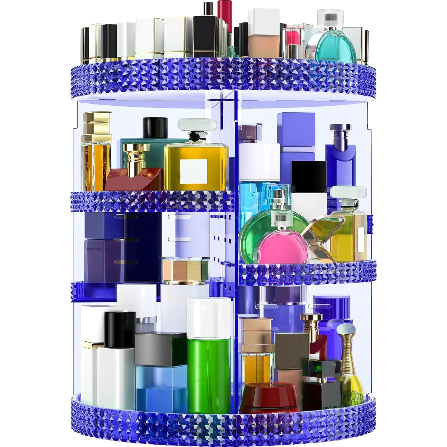 Organizer per trucchi girevole a 360 gradi, organizer per trucchi in acrilico blu, organizer per profumi, organizer per trucchi grande a 7 strati, grande spazio per riporre oggetti da toeletta e bagno