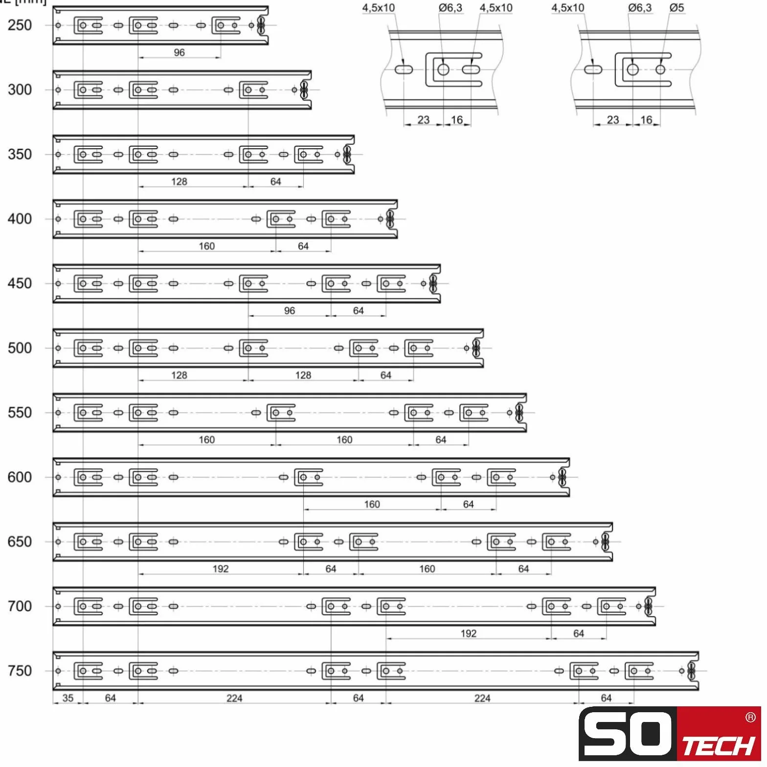 SO-TECH Guide a Estrazione Totale 350 mm Telescopiche Argento a Sfera 8 pezzi