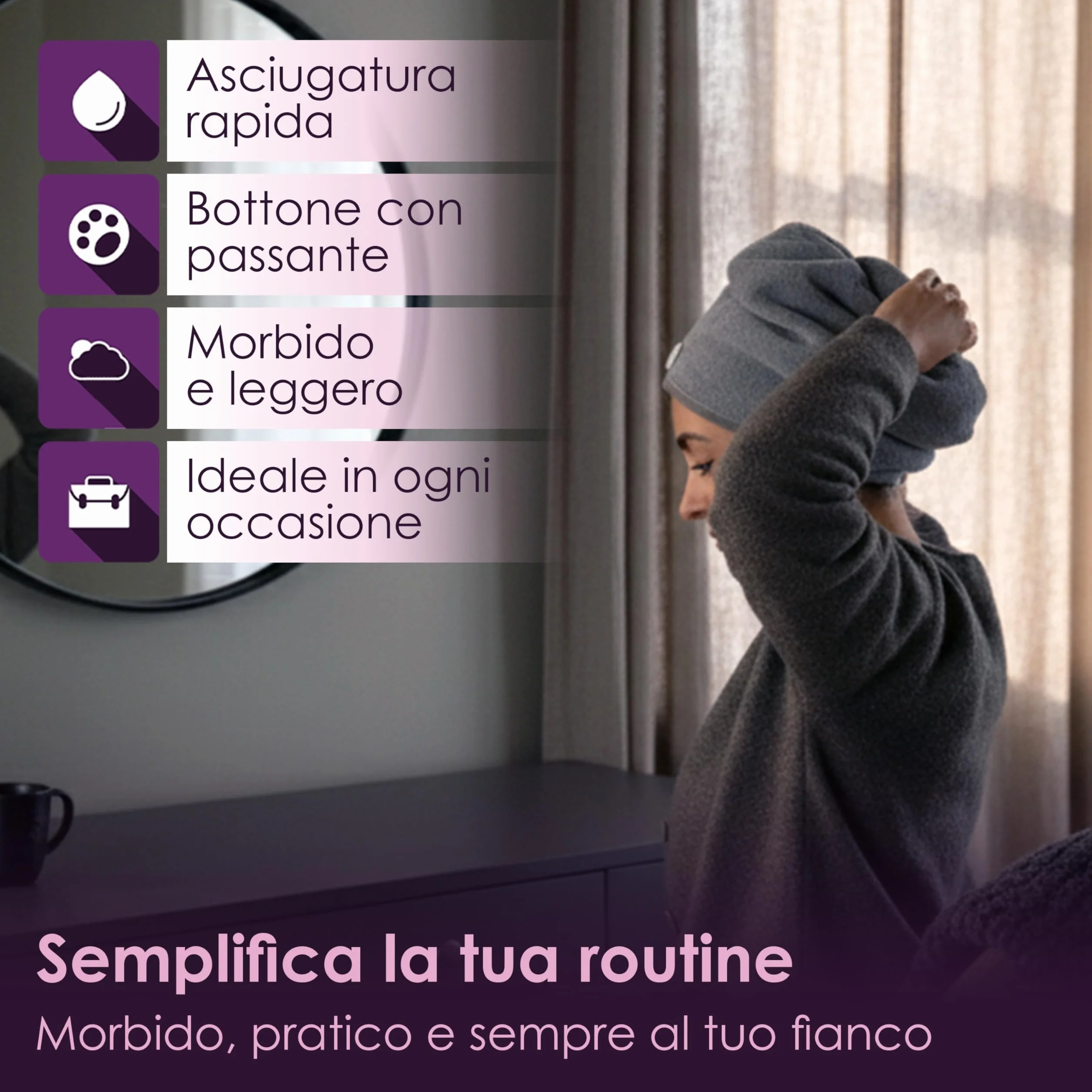 Generico Turbante Asciugacapelli in Microfibra 65x25 Cm Morbido e Assorbente con Bottone Antiscivolo