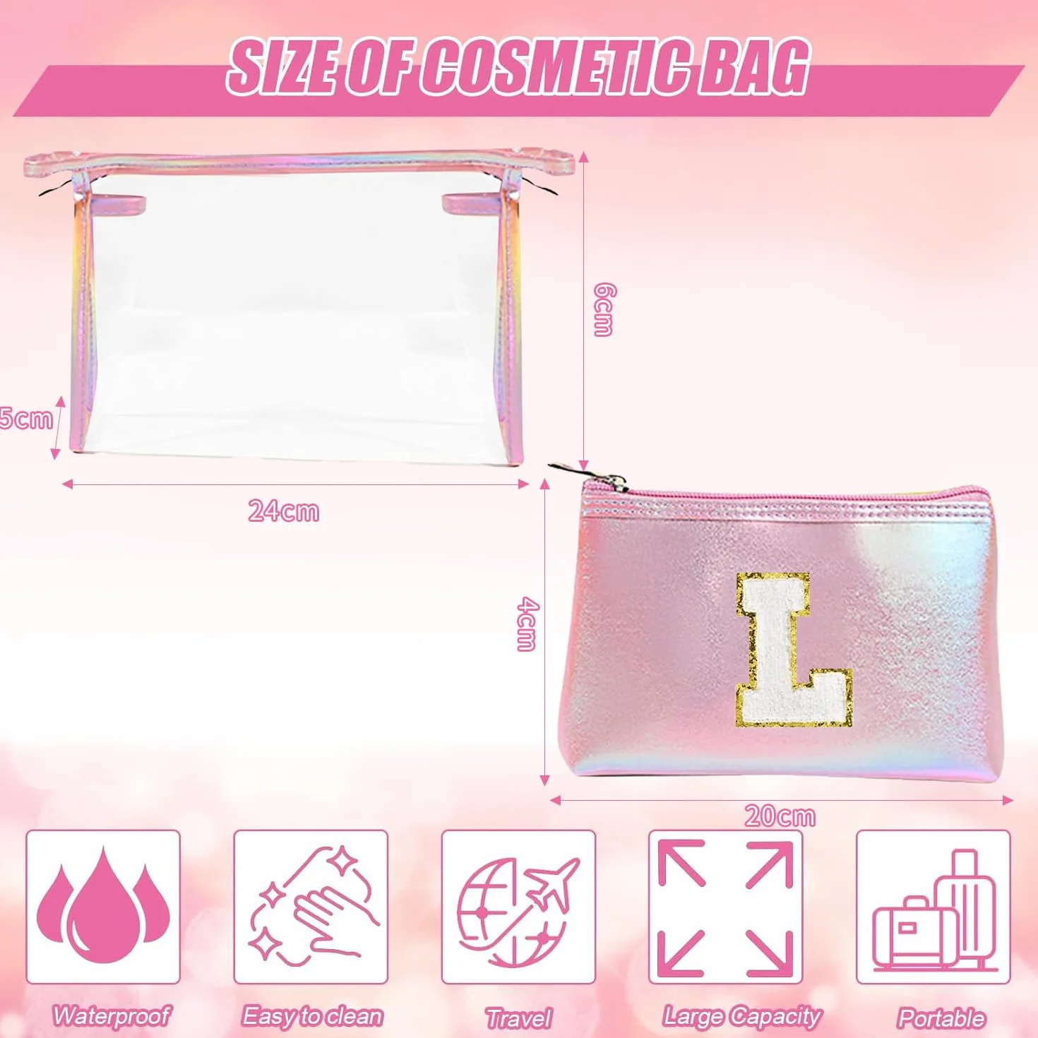 2 Pezzi Beauty Case da Viaggio Trasparente, Trousse Trucchi Donna, Borsa da Toilette in PU-PVC, Borse da Viaggio Impermeabile, Borsa Cosmetici Regalo Compleanno Natale Ideale per Donne Ragazze Rosa K