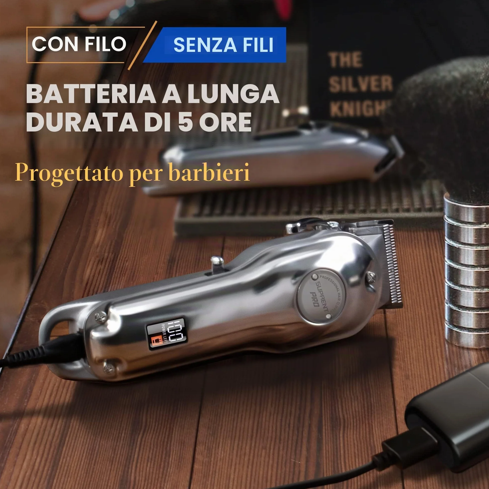 SUPRENT Tagliacapelli Uomo Professionale, Elettrico Taglio Capelli Taglierina Macchinetta senza fili, Regolabarba Uomo Kit con Pettini Guida in acciaio inox (Argento)