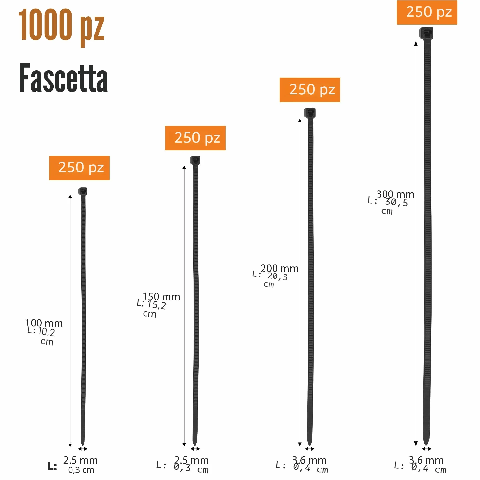 Fascette Elettricista Nere 1000 pezzi 100-300mm Plastica Resistente Alla Temperatura 18 kg